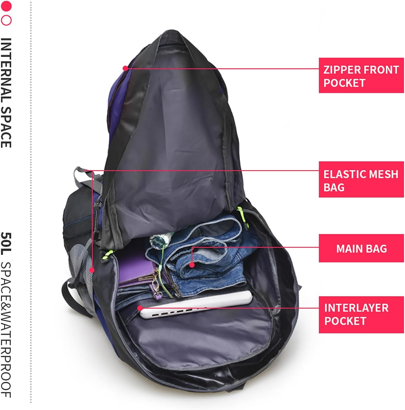 Bseash 50L Hiking Backpack, Water Resistant Lightweight Outdoor Sport Daypack Travel Bag for Camping Climbing Skiing Cycling (Dark Purple - With Shoe Compartment)