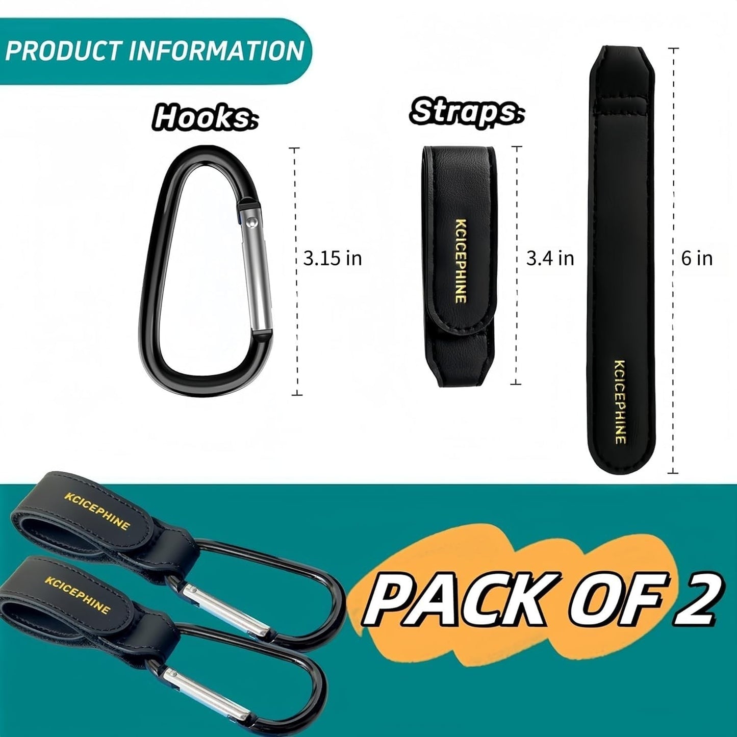 2 Pack Stroller Hooks, Stroller Straps for Diaper Bags,Adjustable Stroller Carabiner Clip,Baby Stroller Accessories for nuna,Uppababy,Bob,Hook for Bike,Scooter,Wheelchair,Walker Accessories(Black)