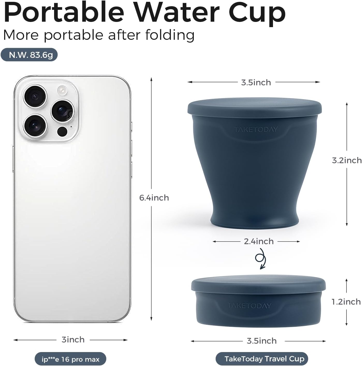 TakeToday Collapsible Travel Cup - Silicone Foldable Water Cup, BPA-Free with Lid & Waterproof Bag - Drinking Cup Set for Camping, Outdoors & International Travel(8 Oz, Navy)