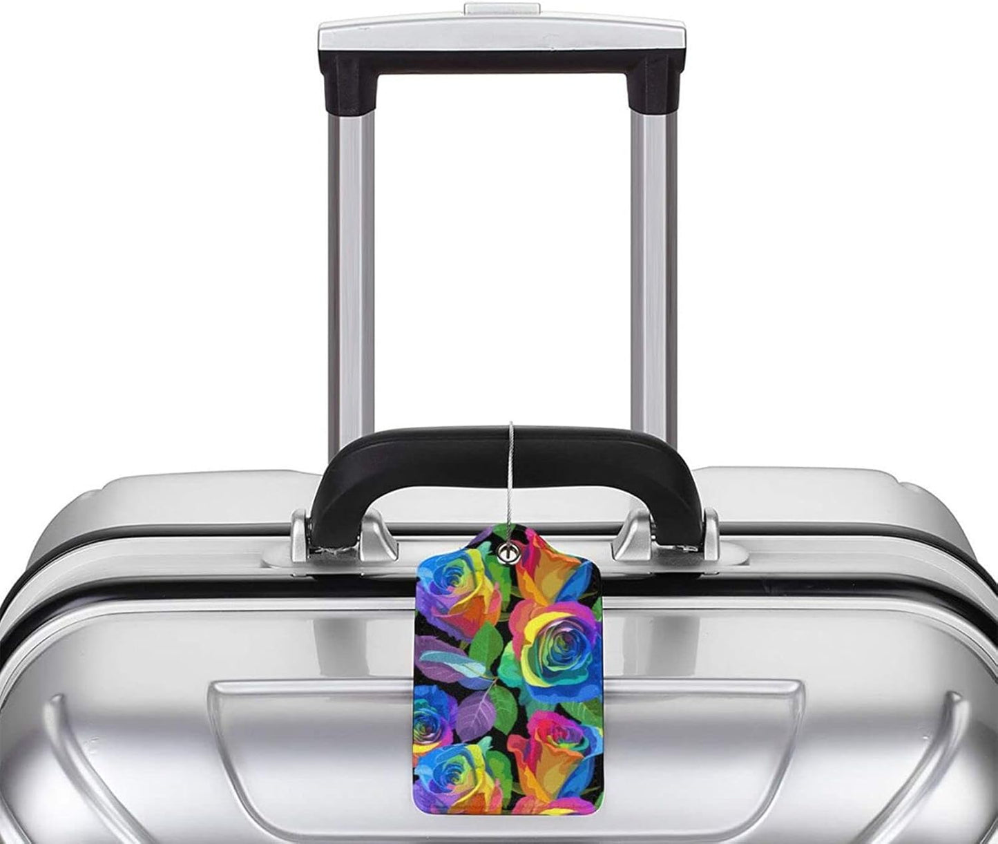 Rainbow Rose Flowers Luggage Tag for Women Girls, Sport Suitcase Tag Leather Travel Baggage Identifiers Tags with Full Back Privacy Name ID Card Set of 2