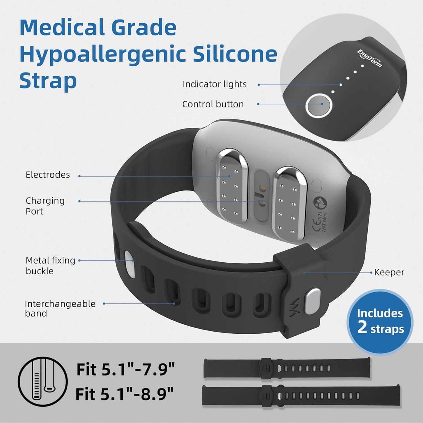 EmeTerm Fashion FDA-Cleared Relieve Nausea Electrode Stimulator Morning Sickness Motion Travel Sickness Vomit Relief Rechargeable No Gel Drug Free Wrist Bands Without Side Effects