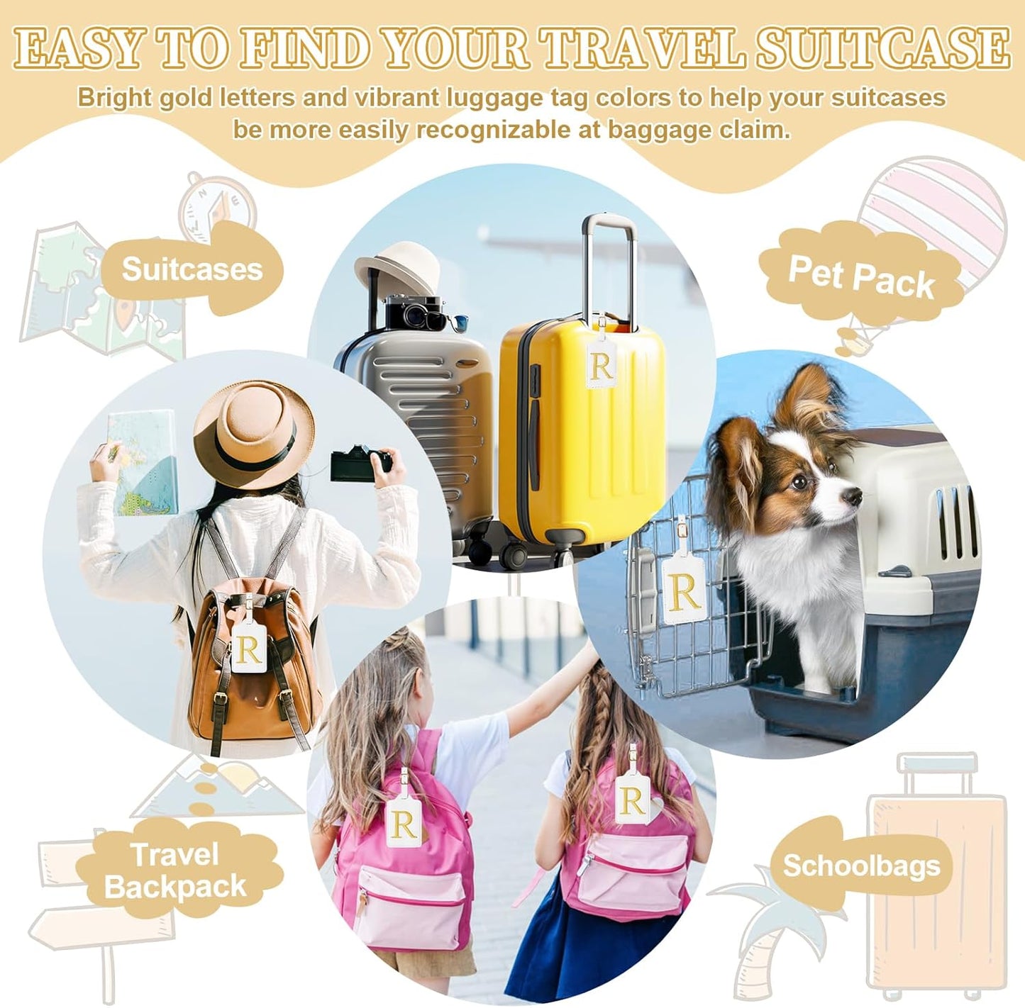 Personalized Initial Luggage Tags for Suitcase TSA Approved, White Leather Cute Luggage Tag with Privacy Cover Name Card, Embroidered Custom Luggage Tags Travel Baggage Tags Gifts for Women Kids(R)
