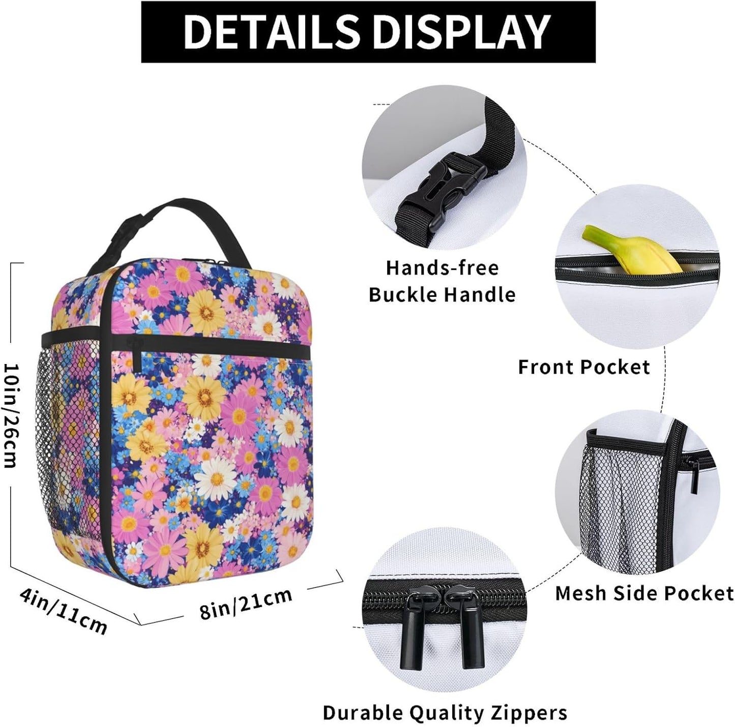 Floral Insulated Lunch Box for Women Men Floral Lunch Bag for Travel,or Fishing Polyester