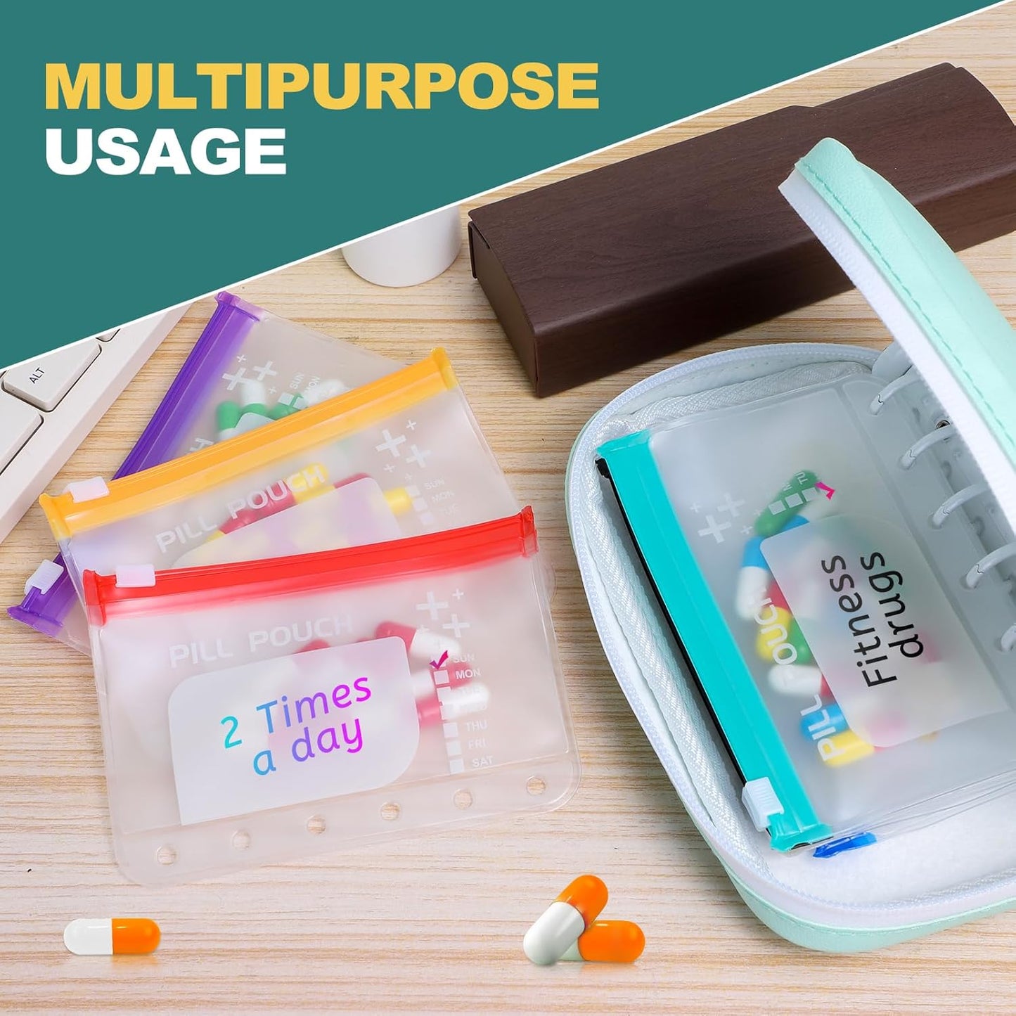 A7-L Water-Proof Pill Pouch Set, Large Pill Organizer, BPA Free, A7-L Pill Loose-Leaf Storage with Color-Coded Medicine Pouches, Reusable Travel Medicine Organizer, Zippered Pill Organizers Weekly