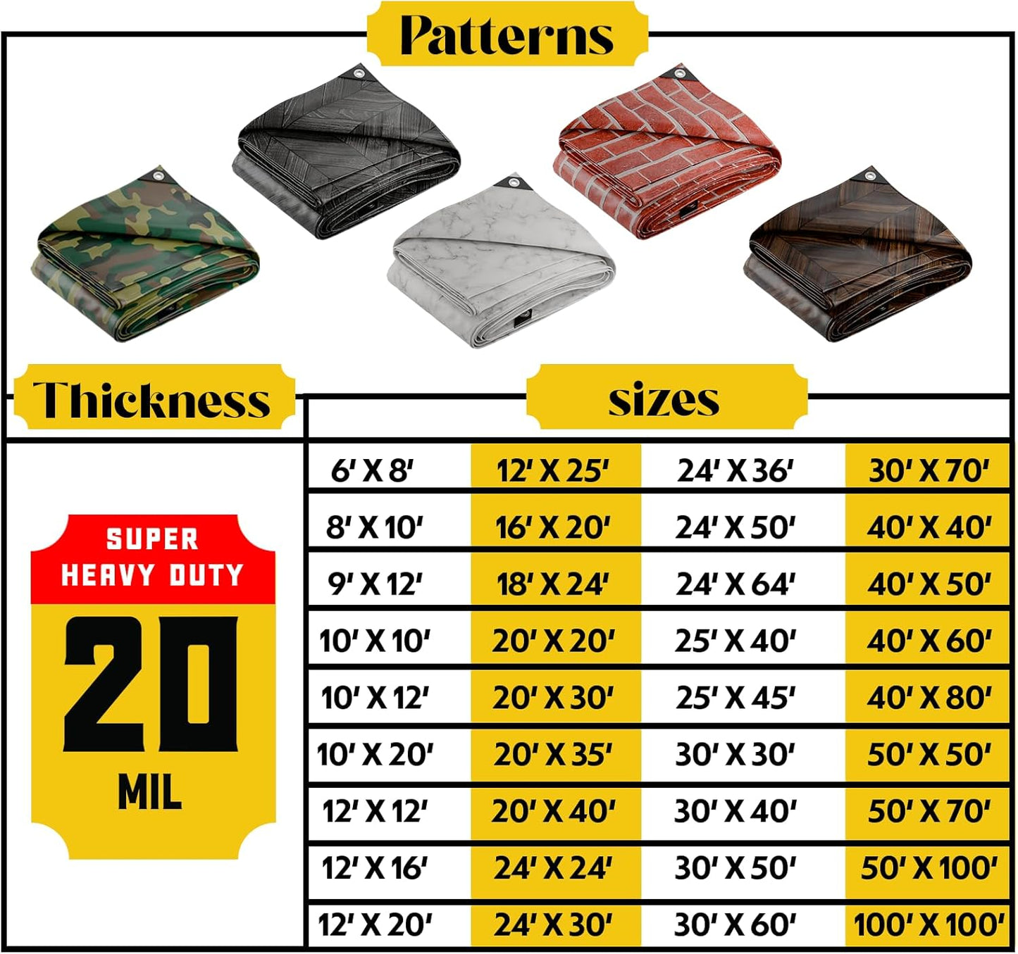 Core Tarps Extreme Heavy Duty 20 Mil Tarp Cover, Waterproof, UV Resistant, Rip and Tear Proof, Poly Tarpaulin with Reinforced Edges for Roof, Camping, Patio, Pool, Boat (Grey Wood/Black 30′ X 70′)