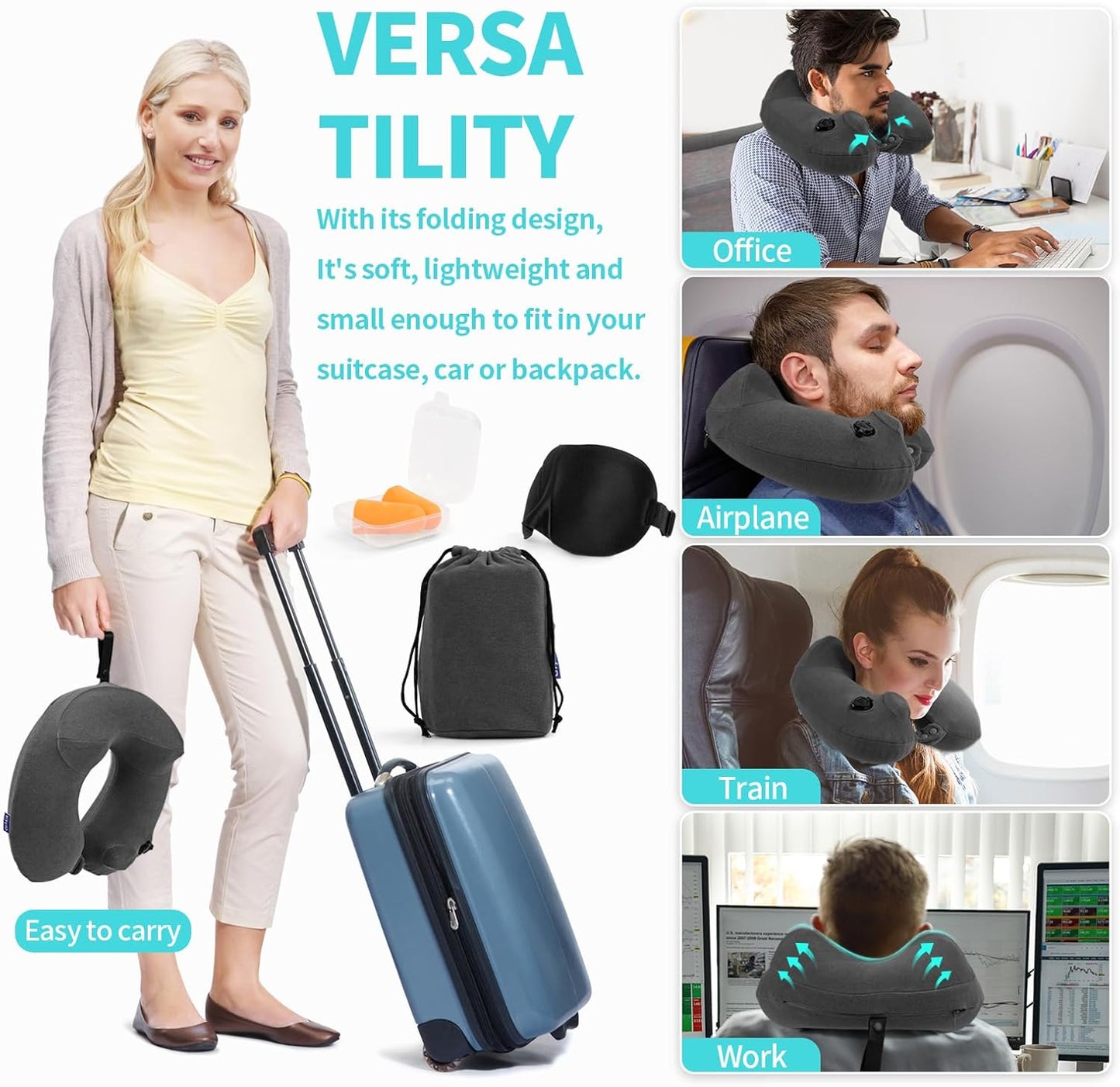 Inflatable Travel Neck Pillow for Airplane, Head Support Velvet Adult Neck Pillow for Long Flight, Kit with Eye Mask, Earplugs and Storage Bag,1, Dark Gray