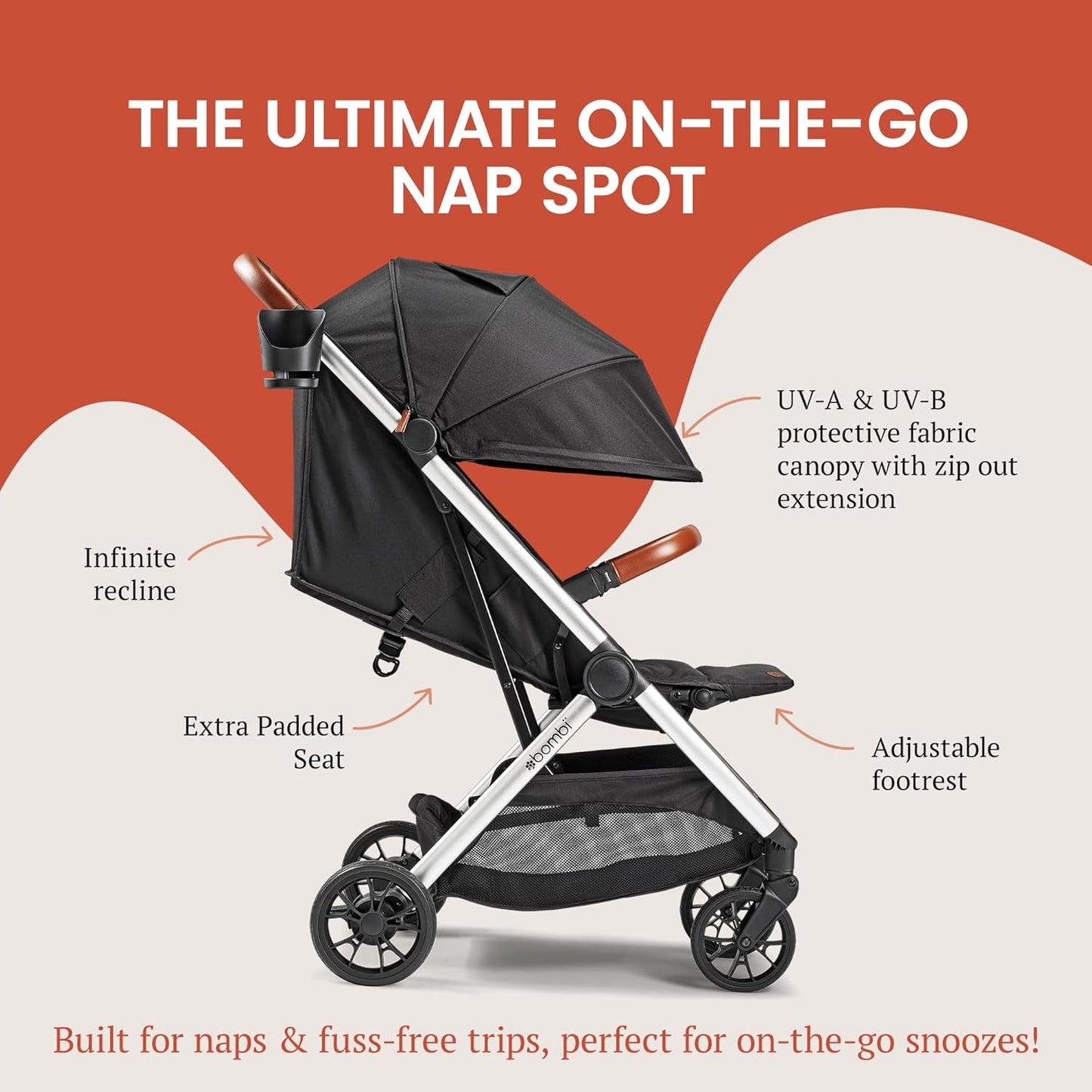 Bombi Bēbee V2 Lightweight Baby Stroller - Premium Vegan Leather, One-Hand Fold, Infinite Recline, Aircraft-Grade Aluminum Frame, XXL Canopy, and Ample Storage Umbrella Stroller - Hunter Green