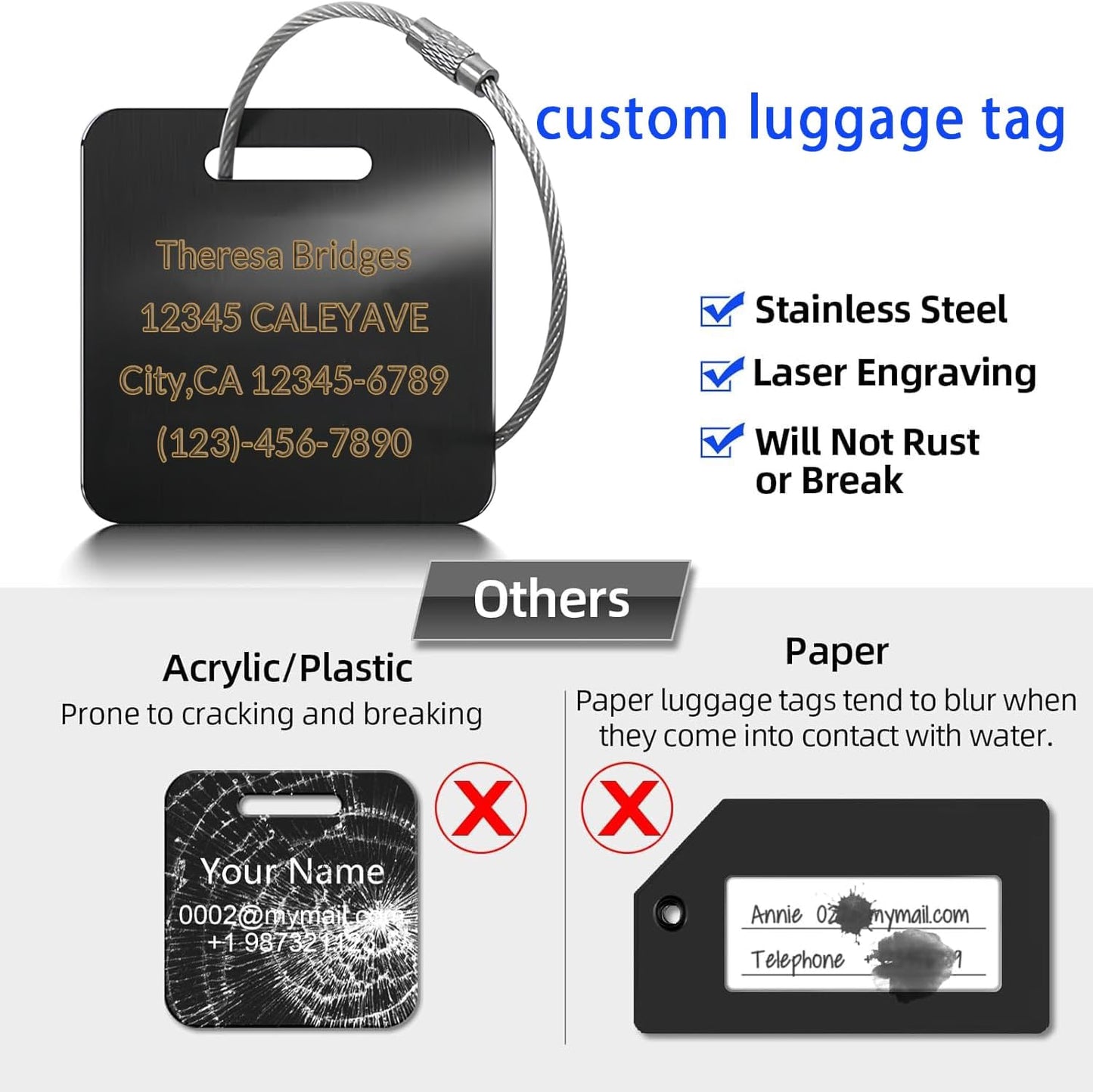 (5Pack Made in USA) Custom Personalized Luggage Tags-Customized Unique tag for Suitcase Backpack Travel,Bags (Rose Gold (2 × 2))