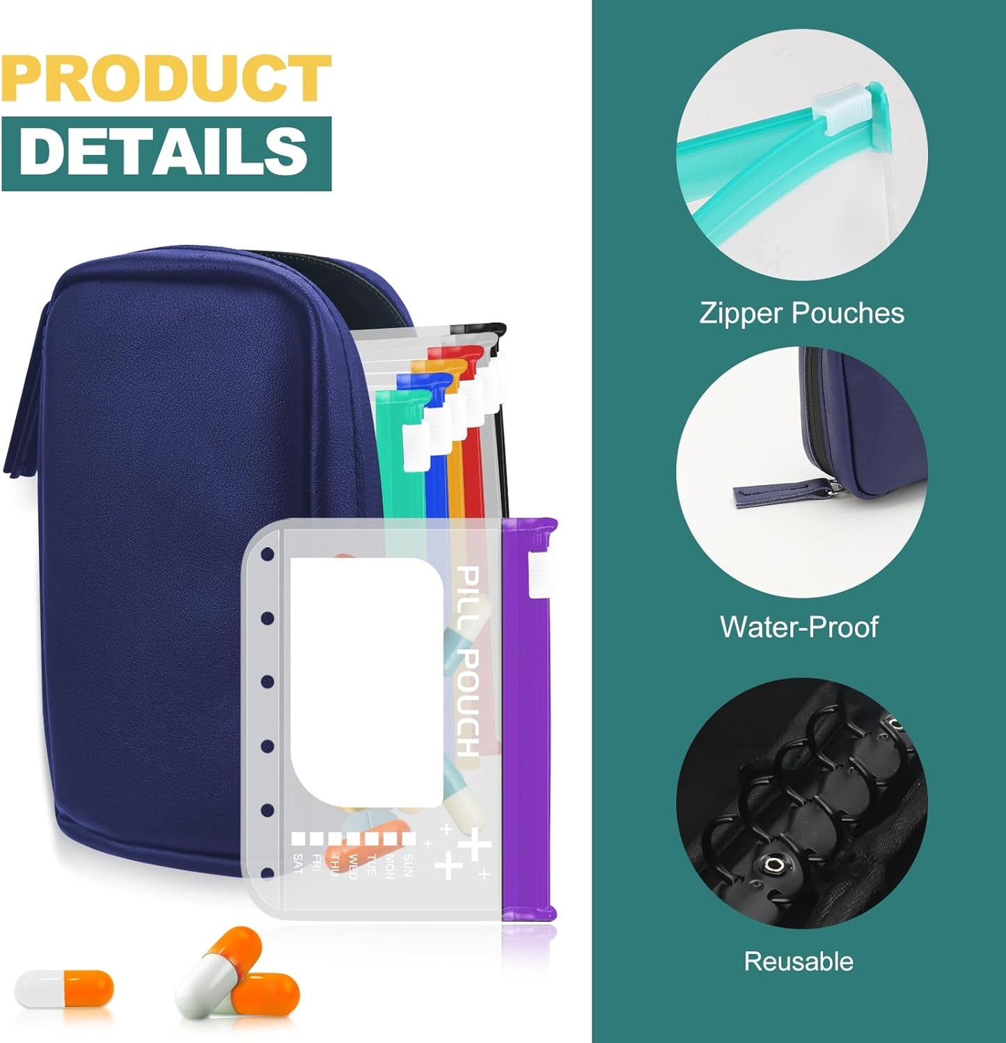 A7-L Timueetech Water-Proof Pill Pouch Set, BPA Free, A7-L Pill Loose-Leaf Storage with Color-Coded Medicine Pouches, Large Reusable Travel Medicine Organizer, Zippered Pill Organizers Weekly