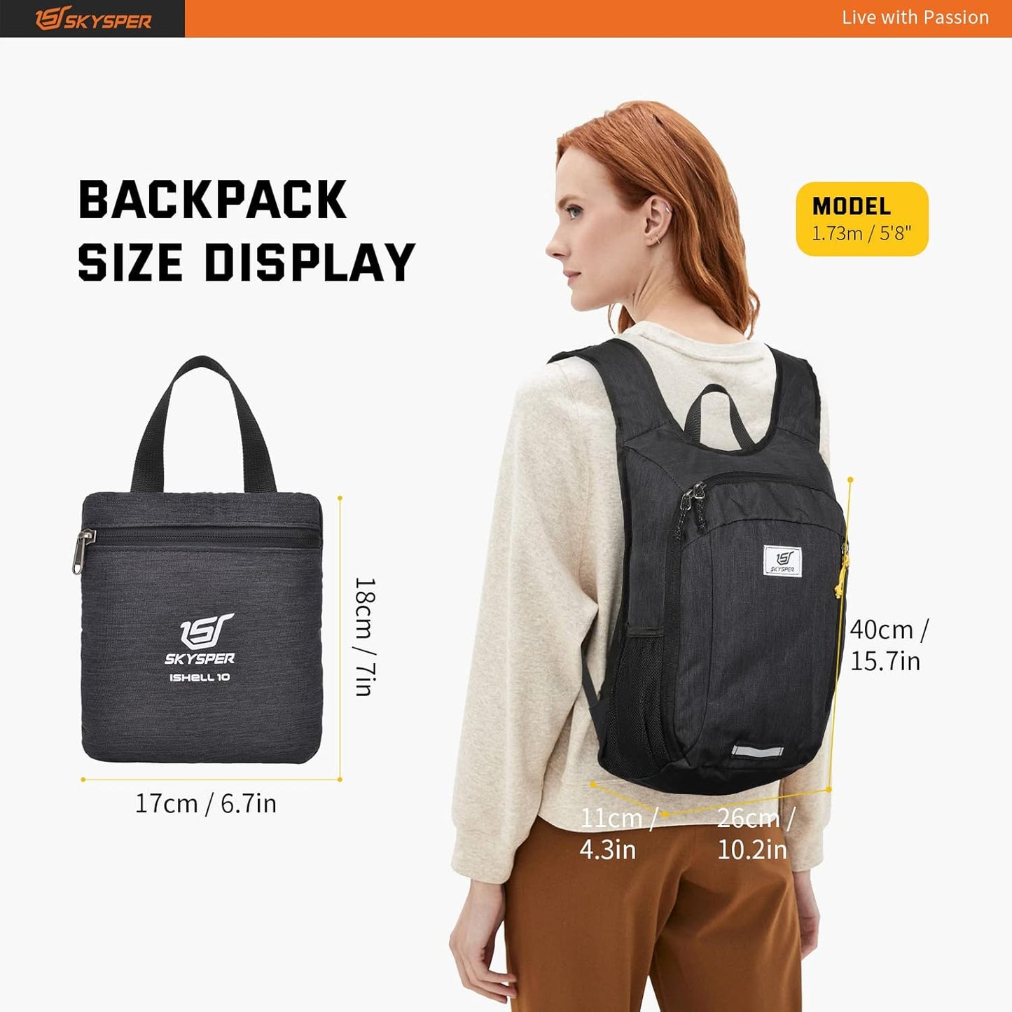 SKYSPER Small Daypack 10L Hiking Backpack Packable Lightweight Travel Day Pack for Women Men