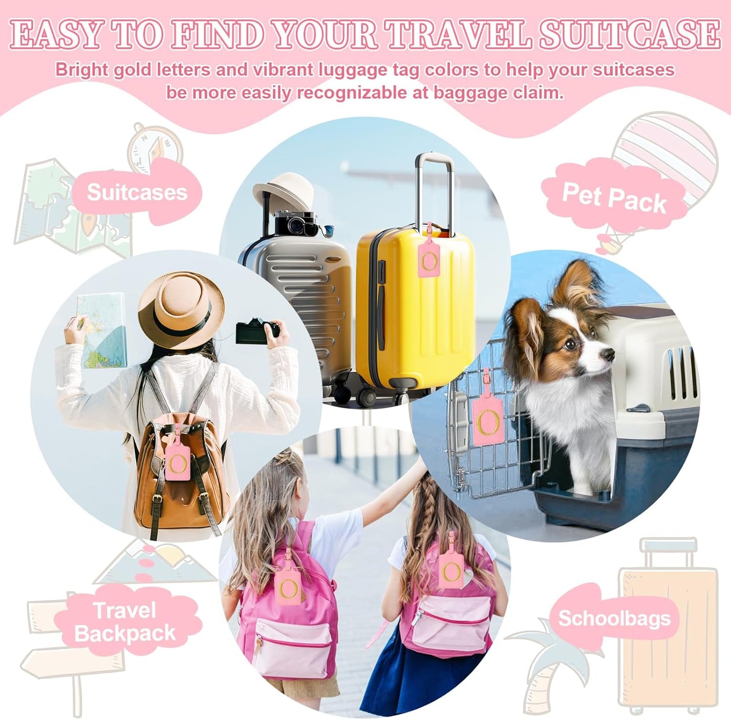 Personalized Initial Luggage Tags for Suitcase, Pink Leather Cute Luggage Tags with Privacy Cover Name Card, Embroidered Custom Monogrammed Luggage Tag Travel Bag Baggage Tags Gifts for Women Kids(O)