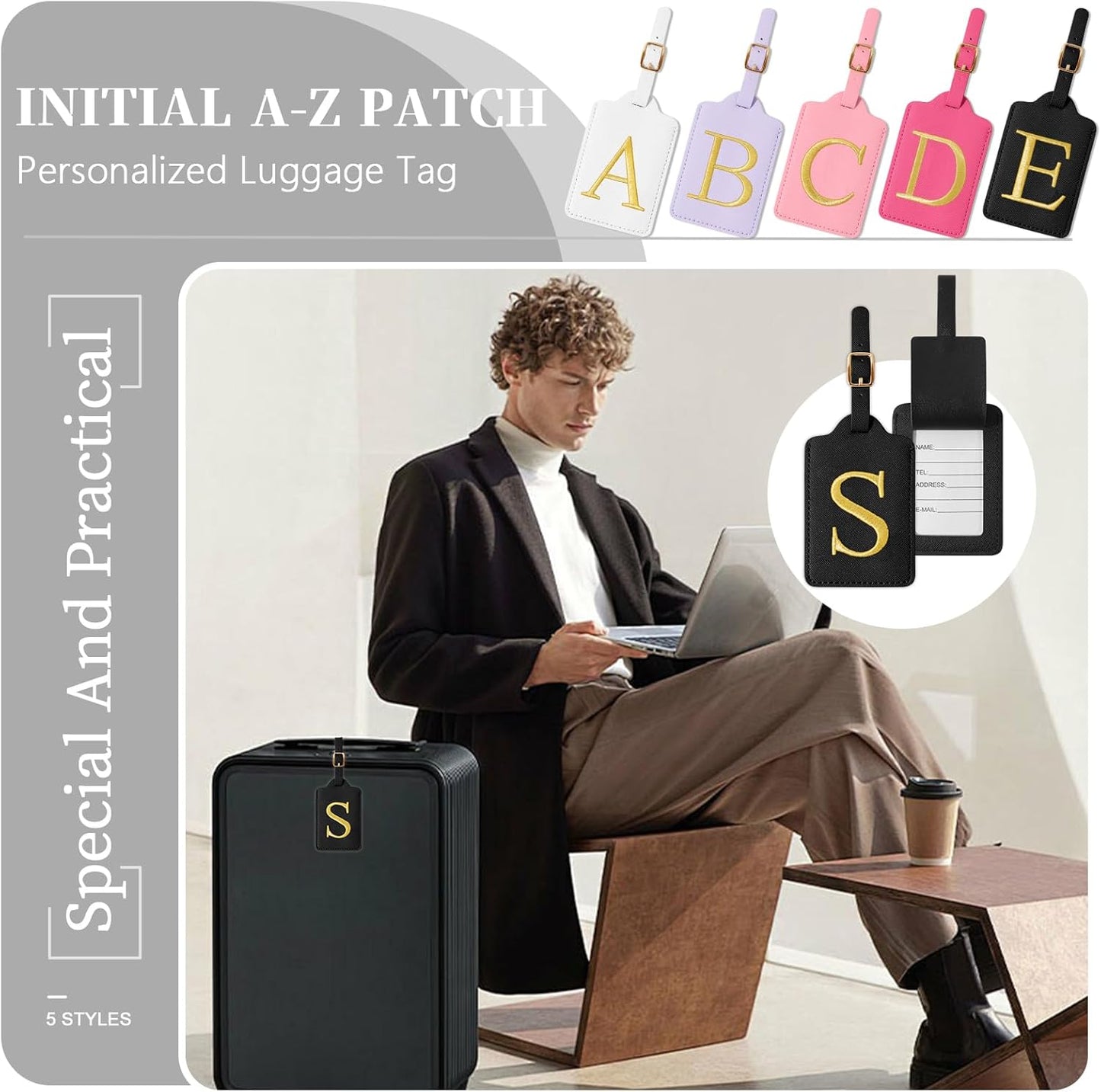 Personalized Initial Luggage Tags for Suitcase TSA Approved, Black Leather Cute Luggage Tag with Privacy Cover Name Card, Embroidered Custom Luggage Tags Travel Backpack Tags Gifts for Women Kids(S)