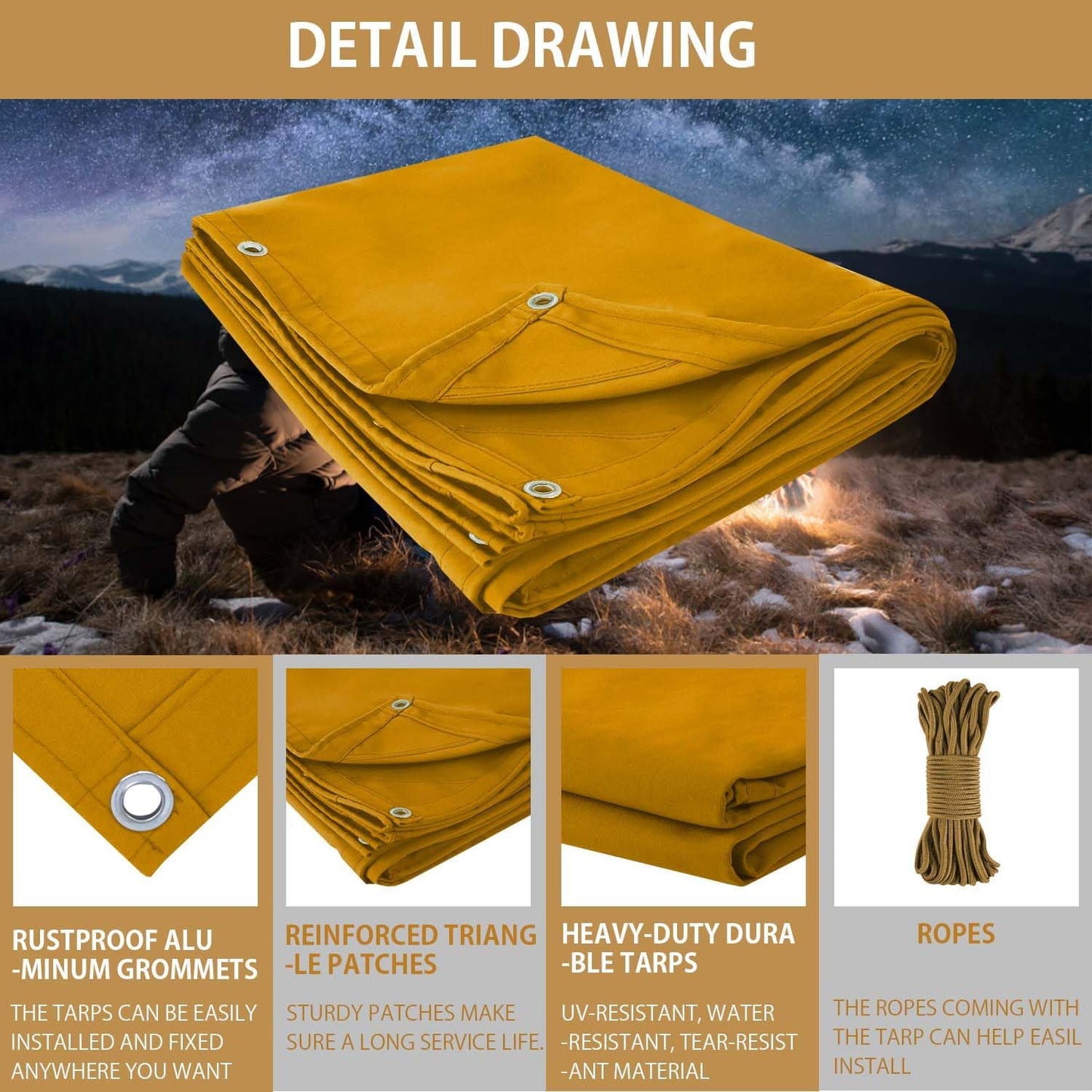FoundGo 10x20ft Canvas Tarp 22 Mil Tarps 14 oz Canvas Tarpaulin Heavy Duty Cloth Water/UV Resistant Cover with Rustproof Grommets & Ropes for Cars,Roofs,Boats,Camps,Sunshades,Moisture Barrier -Tan