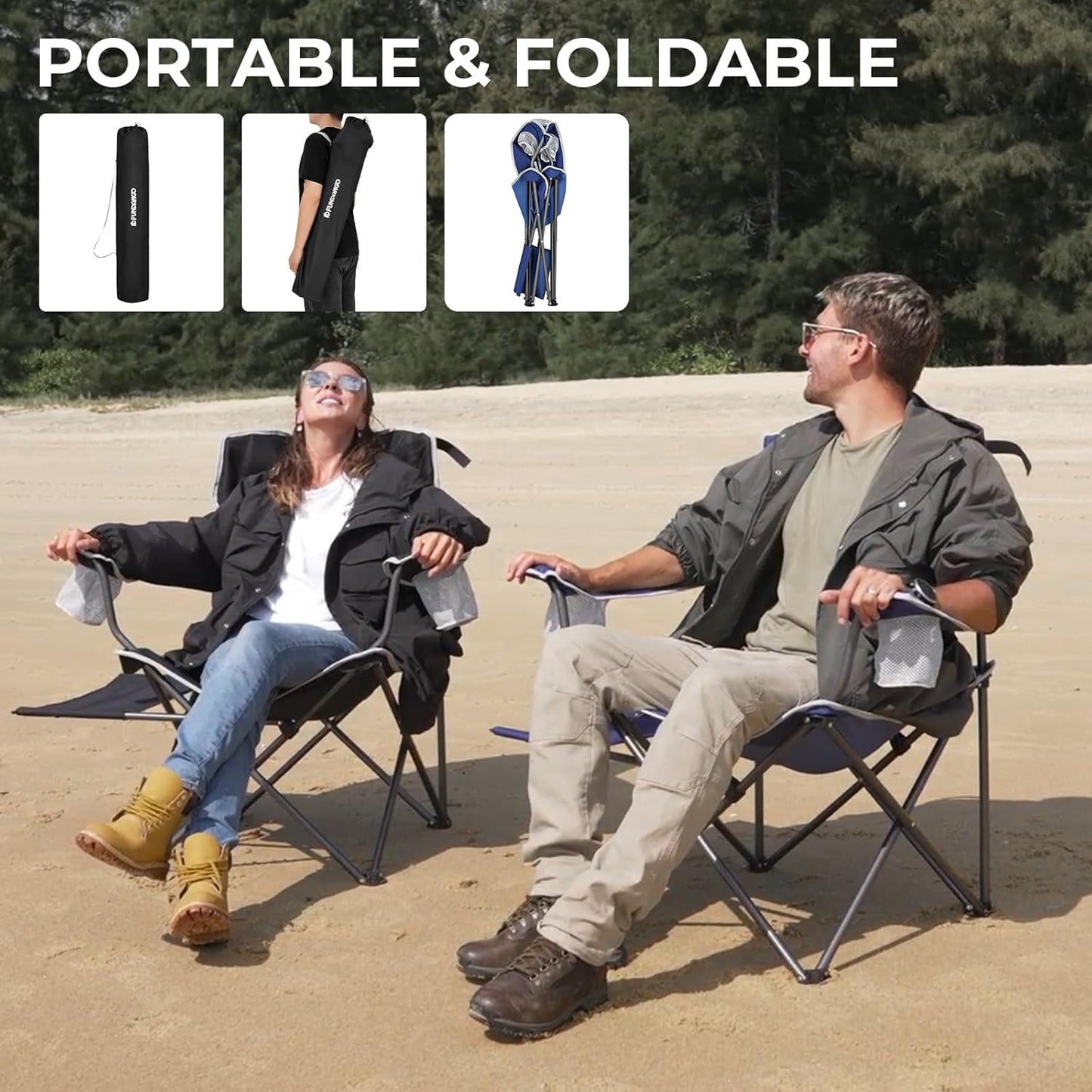 FUNDANGO Folding Camping Chair with Table, Portable Heavy Duty Outdoor Padded Chairs for Adults with Cup Holders for Lawn Beach Picnic Outside Travel (Black)