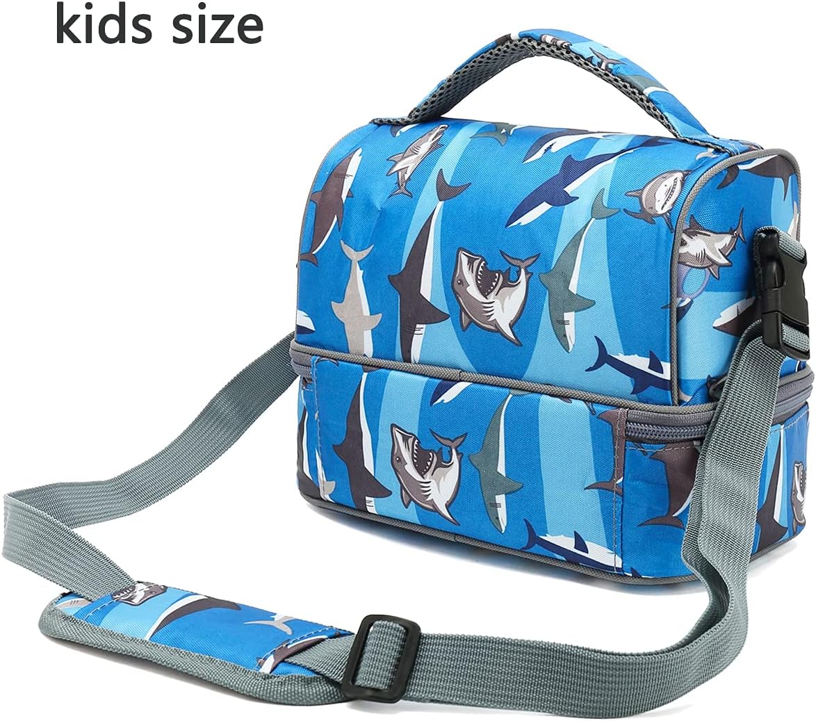 FlowFly Kids Double Decker Cooler Insulated Lunch Bag Large Tote for Boys, Girls, Men, Women, With Adjustable Strap, Shark