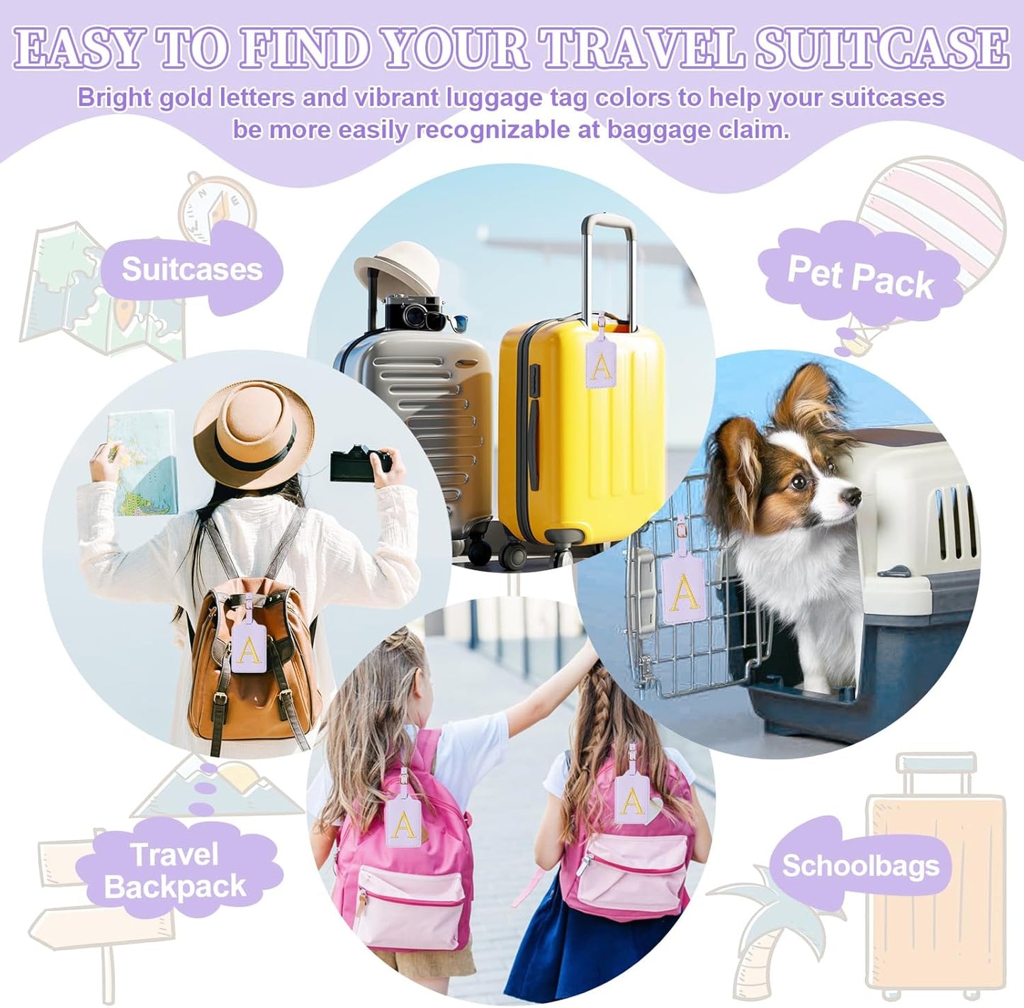 Personalized Initial Luggage Tags for Suitcase, Purple Leather Cute Luggage Tags with Privacy Cover Name Card, Embroidered Custom Monogrammed Luggage Tag Travel Backpack Tags Gifts for Women Kids(A)
