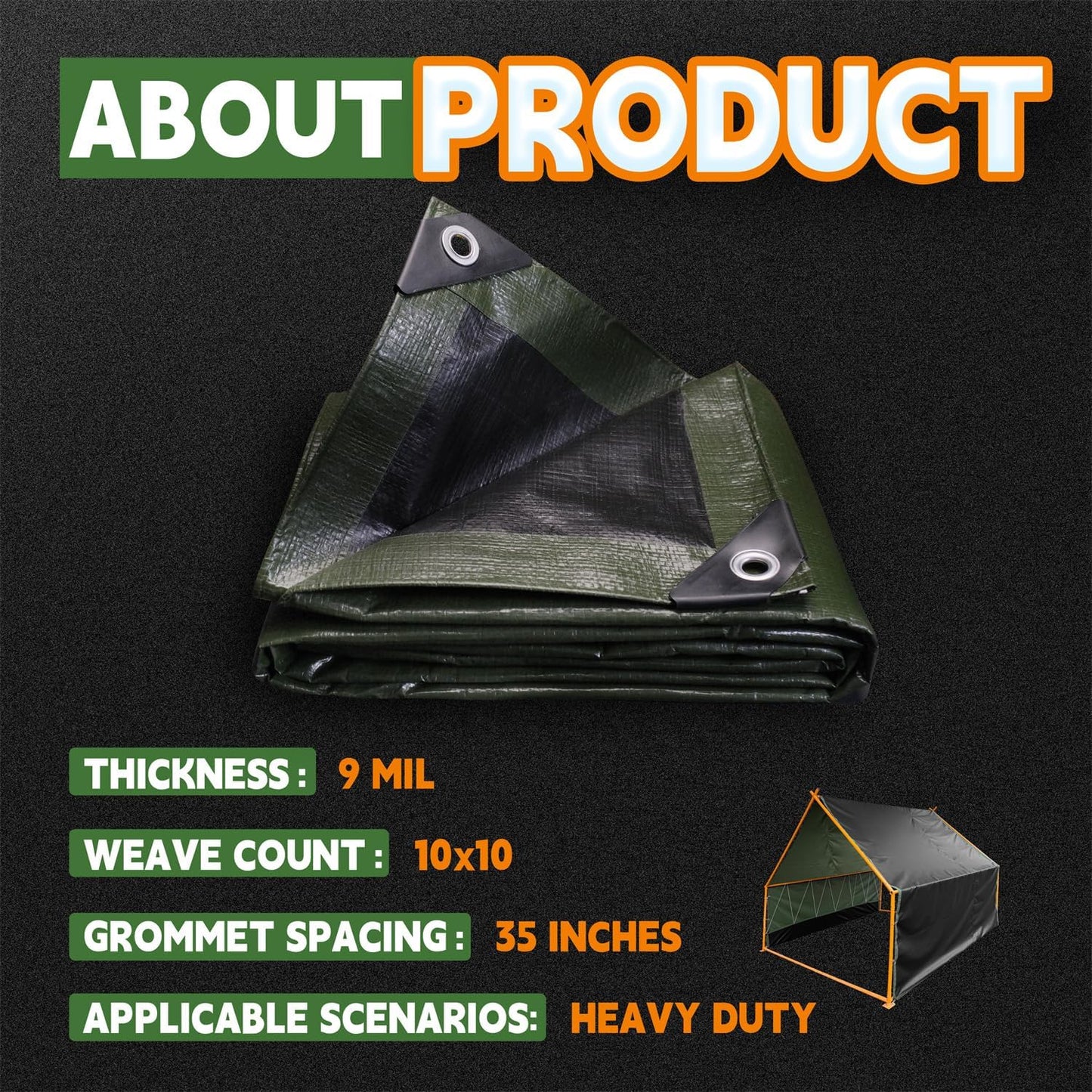 7x10 Feet Tarp Waterproof,9Mil Thick,Finished Size Tarps,UV Resistant,Durable,Multipurpose Poly Tarp Cover with Metal Grommets and Reinforced Edges,Green/Black by RAINDEWAY