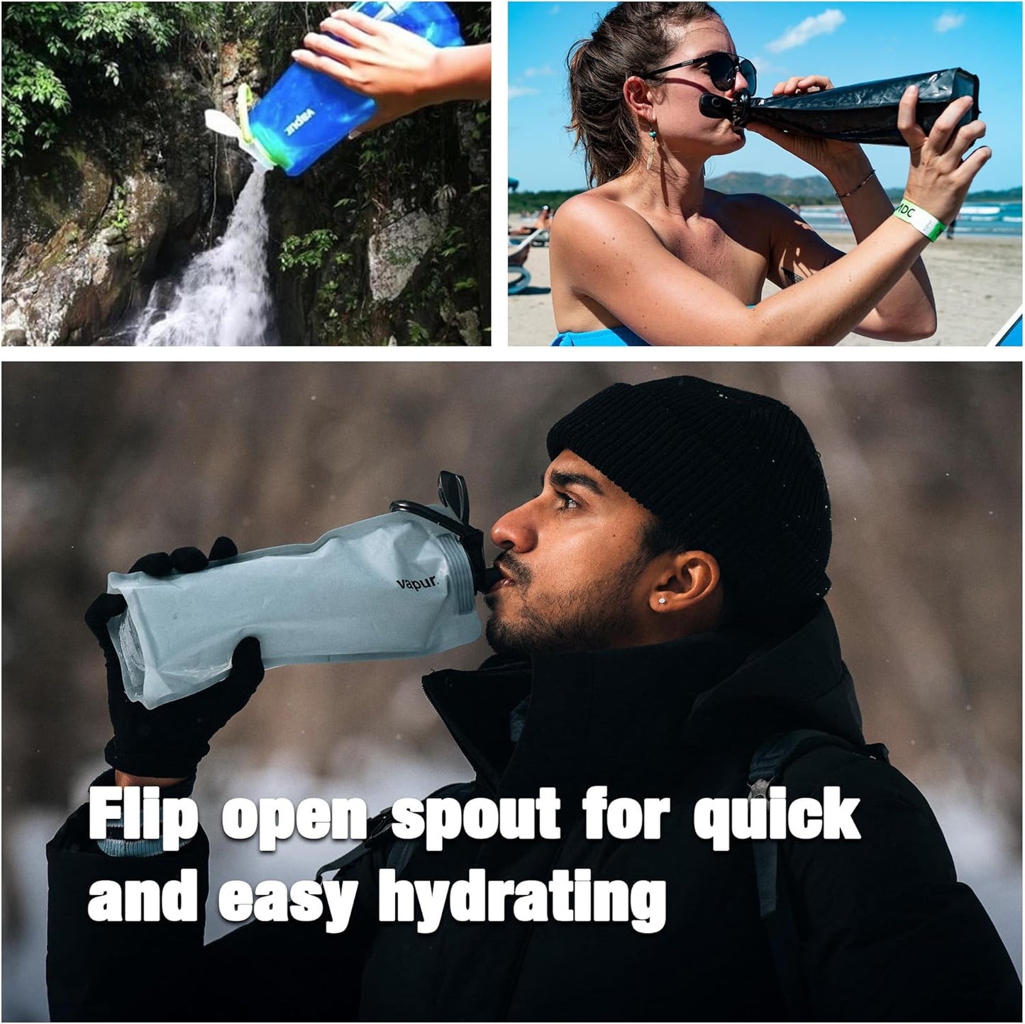 Vapur Collapsible Water Bottle With Carabiner, Compact Bottle Folds Flat For Hydration On The Go, Ideal for Traveling, Hiking or Camping, 23 Ounce, Fire, Pack of 2