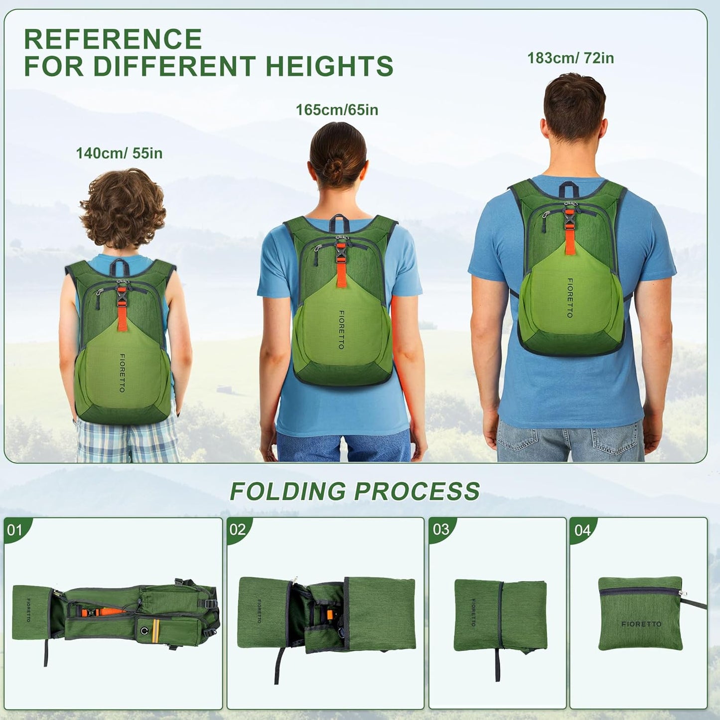FIORETTO 15L Hiking Backpack for Women Men Mini Packable Backpack Lightweight Small Daypack for Camping Travel Outdoor, Green