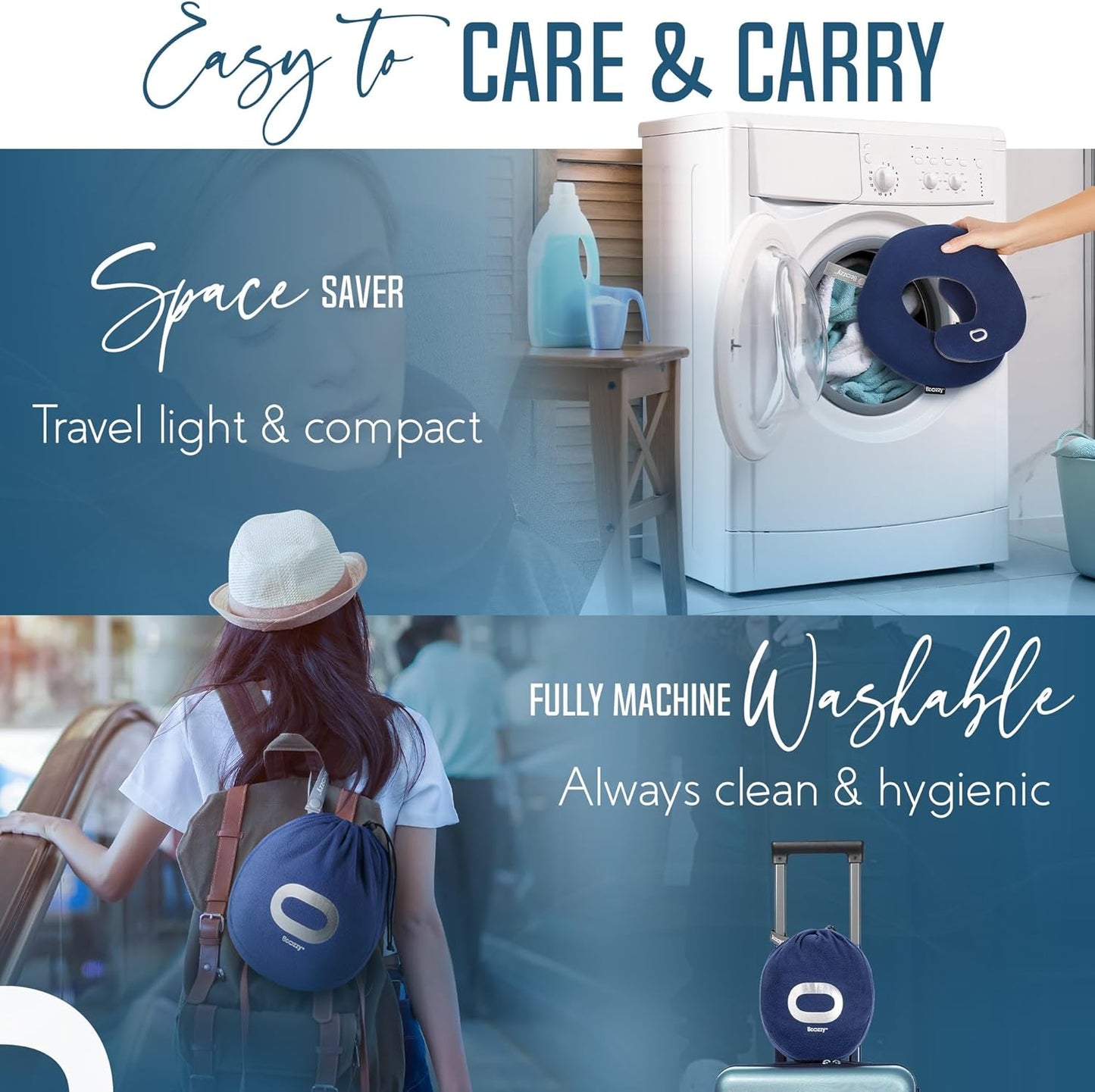 BCOZZY Travel Neck Pillow for Airplane– Patented Double Support for Head, Neck, and Chin. Best for Long Flights, Plane Sleeping, and Car Rides. Adjustable Size. Fully Washable. Carry Bag. Large, Nude