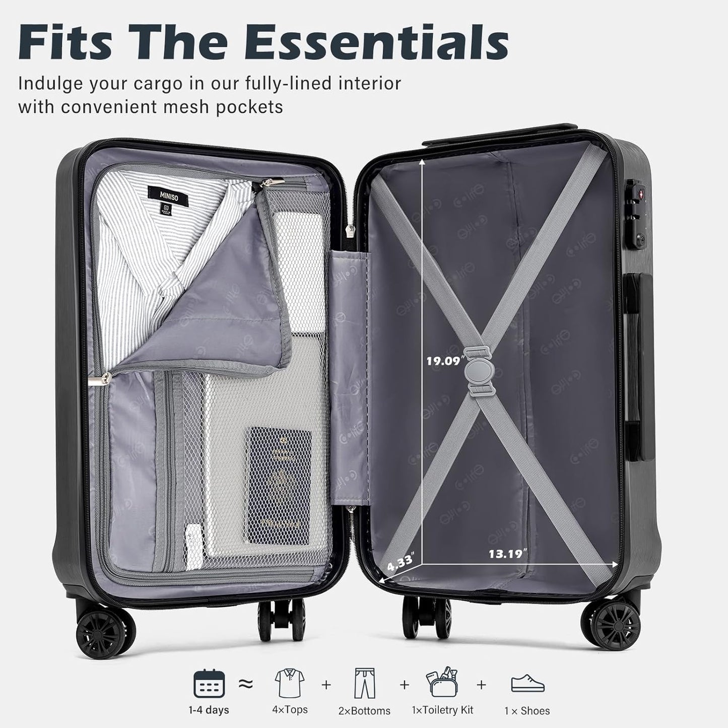 Coolife Luggage Suitcase PC+ABS with TSA Lock Spinner Carry on Hardshell Lightweight 20in 24in 28in(white, S(20in_carry on))