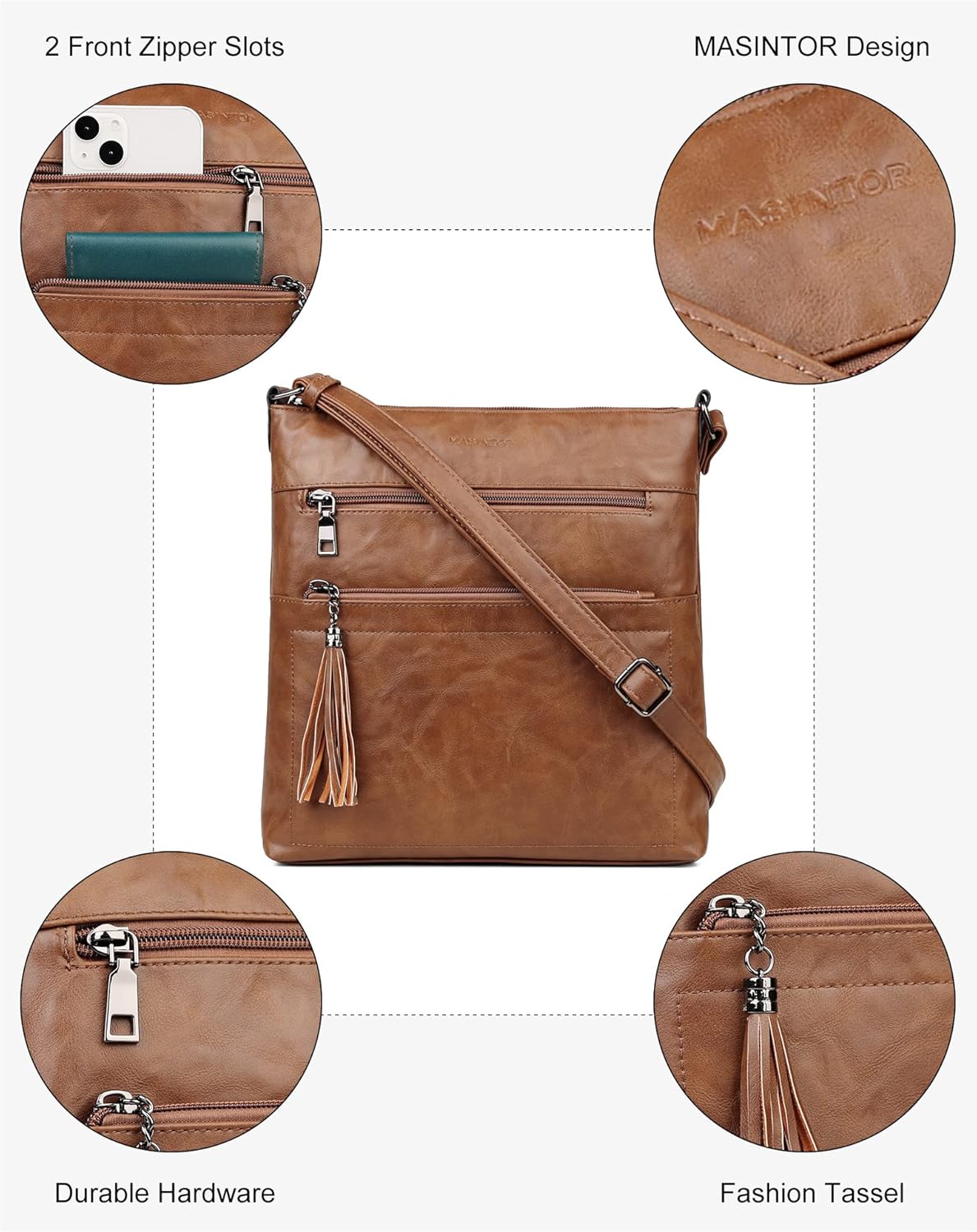 MASINTOR Crossbody Purses for Women, Multi Pocket Casual Crossbody Bag, Adjustable Strap Shoulder Bag with Tassel