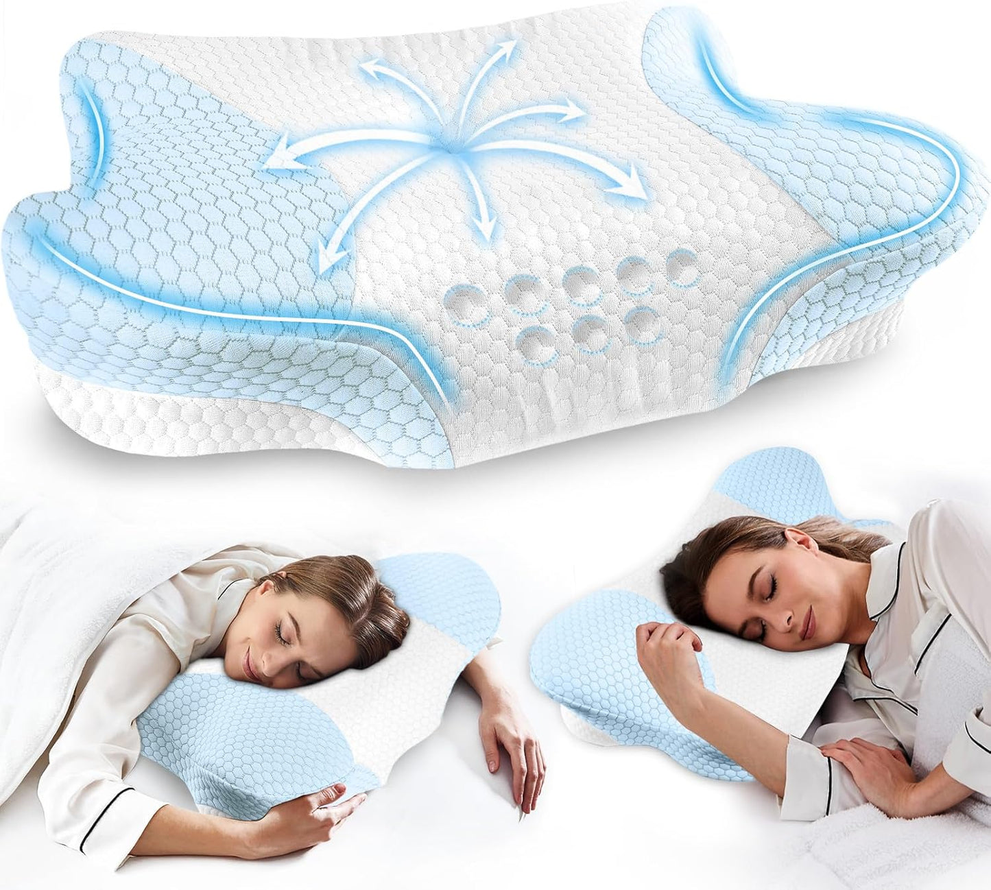 Cervical Neck Pillow for Side Sleeper - Pillows for Neck Pain Relief Memory Foam Neck Support - Blue