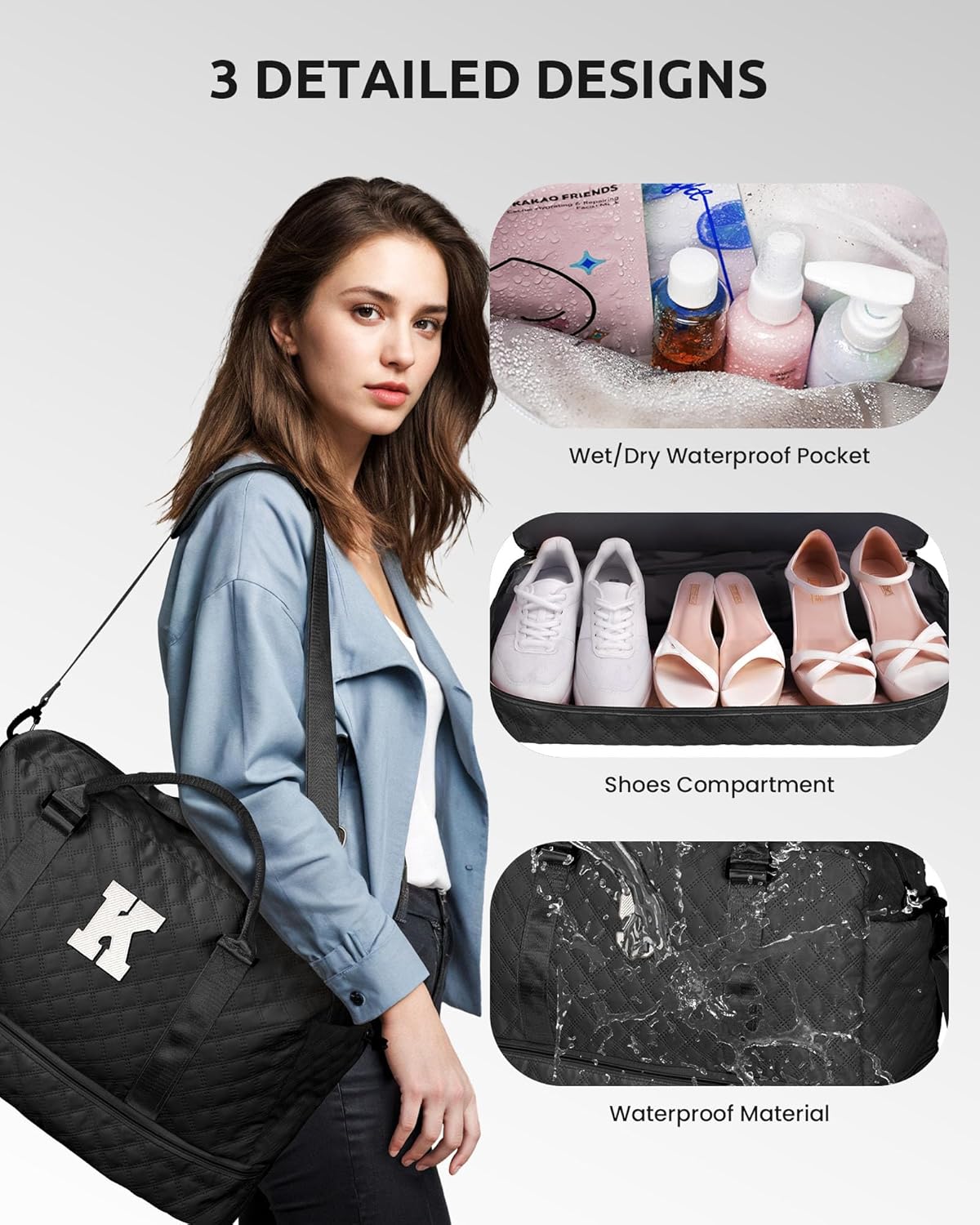 Gifts for Grandma-Initial Duffle Bag with Shoe Compartment, Personalized Weekender Bag, Monogram Overnight Bag, Letter Travel Bag with Makeup Bag,Daughter Friend Gifts (Letter P), Black