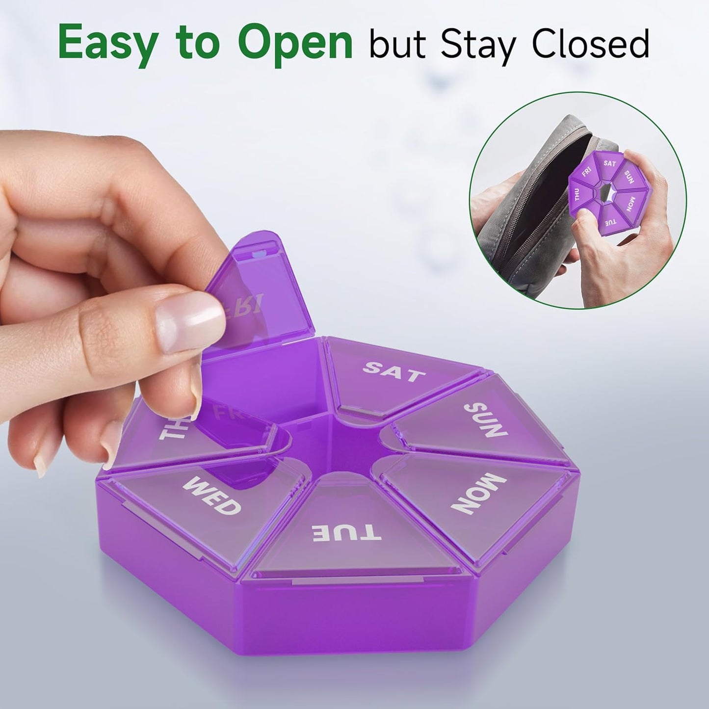 Weekly Pill Organizer, 2 Pack Portable Pill Box Medicine case 6 Colors (Seven Day) New Edition for Vitamin/Fish Oil/Pills/Supplements-Arthritis Friendly (Purple)