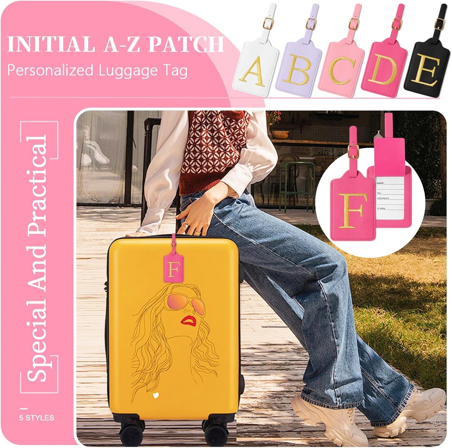 Personalized Initial Luggage Tags for Suitcase - Rose Red Leather With Privacy Cover Name Card, Embroidered Custom Monogram Travel Backpack Tag Gifts for Women Kids (F)