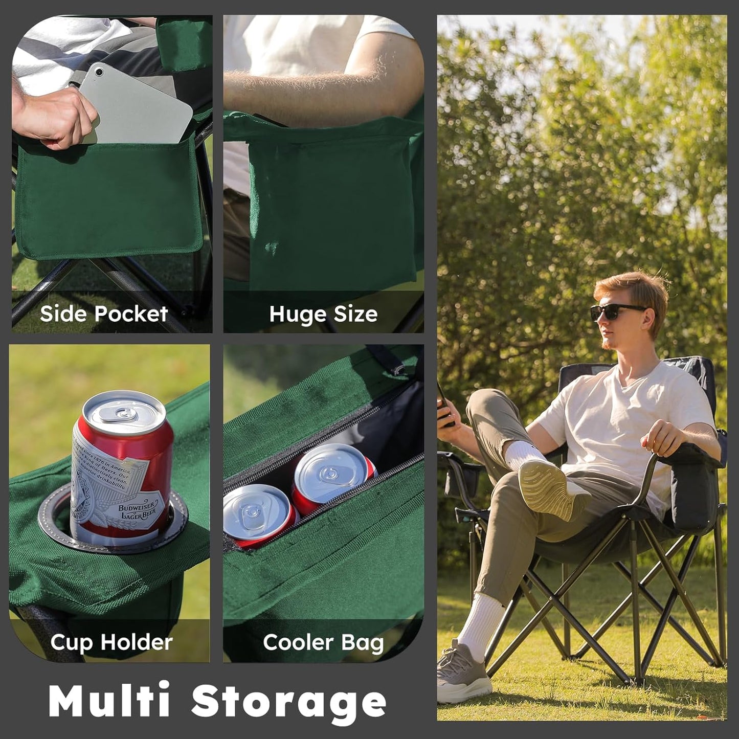 Oversized Folding Camping Chairs - 450 LBS Support Heavy Duty Camp Chair with Padded Cushion, Portable Outside Chairs with Carry Bag,Cooler, Cup Holder for Outdoor, Lawn, Sports - Green