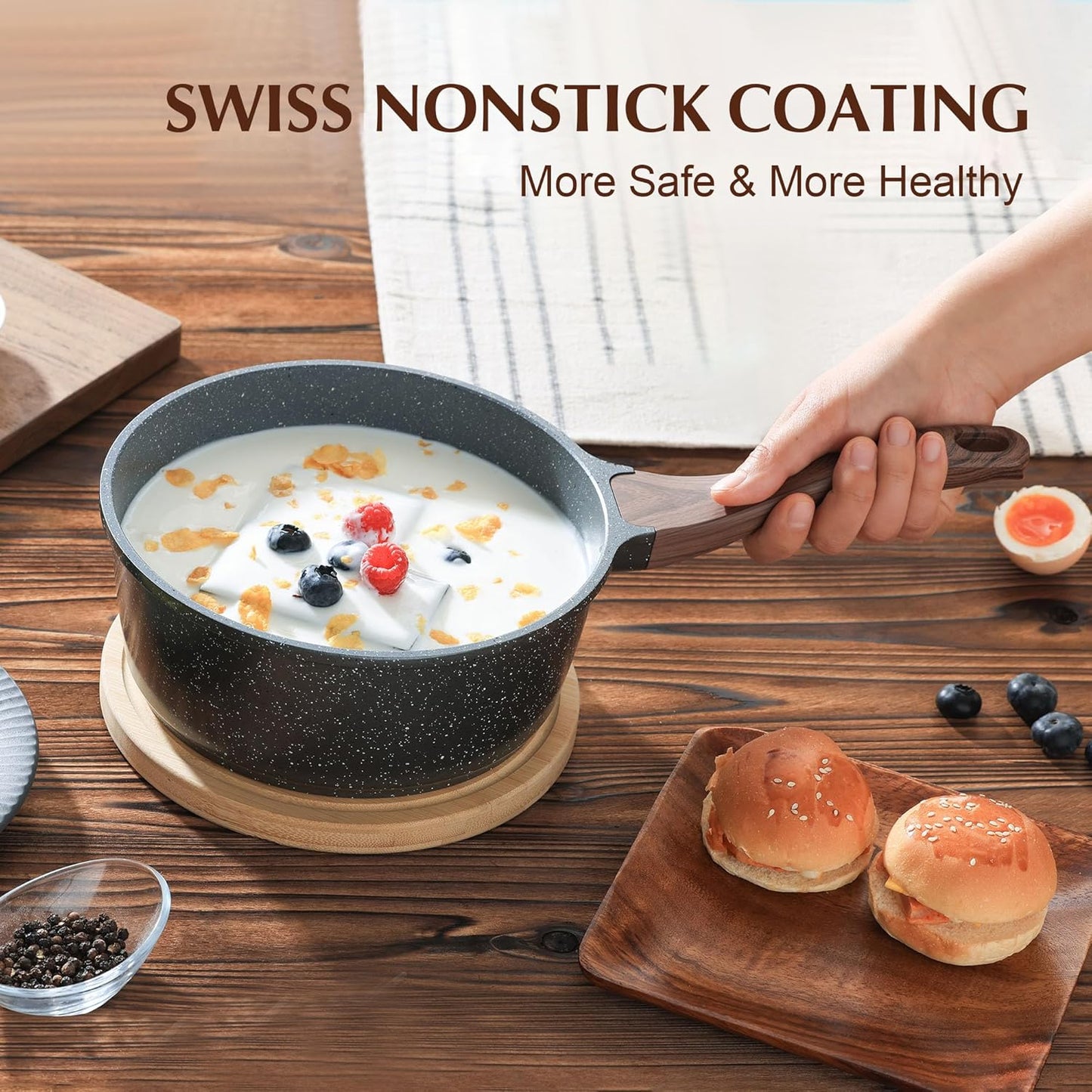 SENSARTE Nonstick Saucepan with Lid, 2.5 Quarts Medium Pot with Swiss Granite Coating, Stay-cool Handle, Sauce Pan Small Kitchen Cooking Pot, Induction Comptable, Free of Intentionally Added PFOA