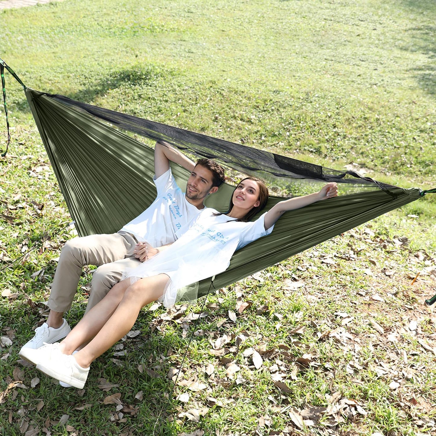 Camping Hammock with Mosquito Net and Ridge Rope, Extra Large for 2 Person, Lightweight Hanging Hammocks Tree Straps, All-in-one Fast Open Hammock for Outside, Hiking, and Travel