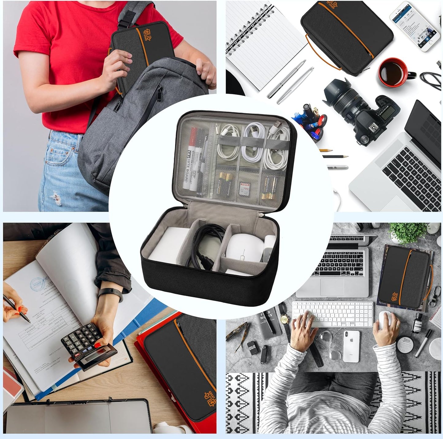 Electronics Organizer,Travel Cord Organizer Pouch, Portable Cable Organizer Bags, Waterproof Electronic Accessories Storage Case for Cables, Cords, Charger, Phone (Double Layer-Black)