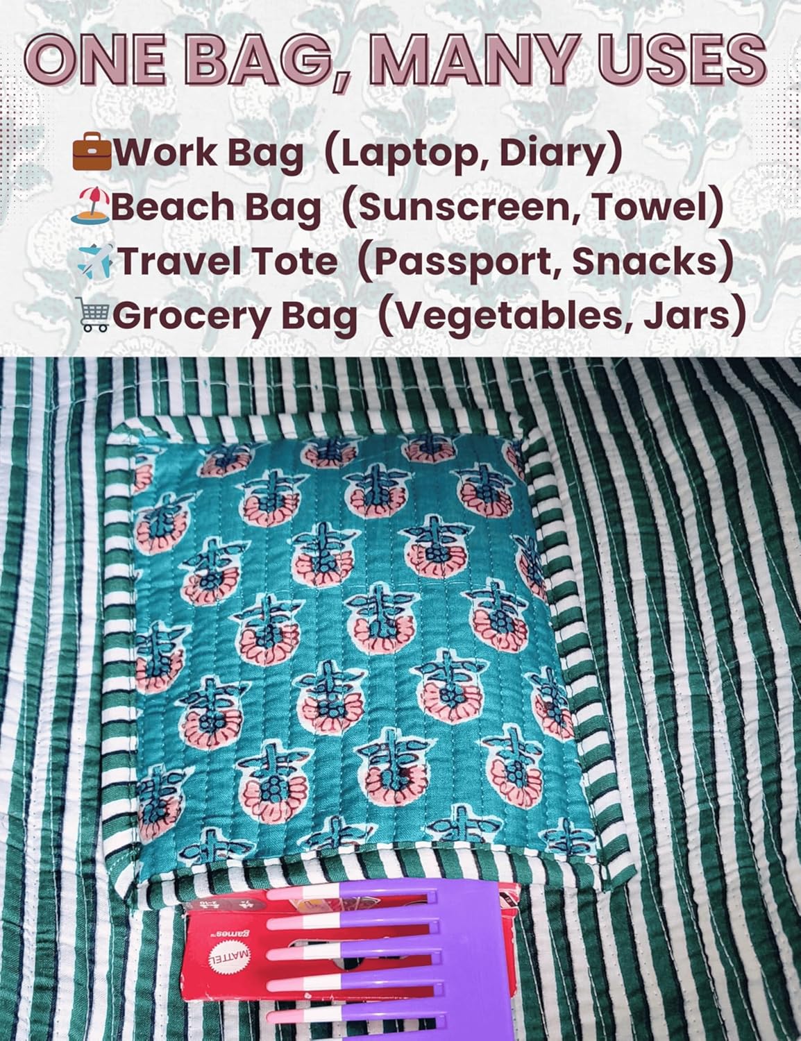 Cotton Quilted Tote Bag for Women – Large Beach & Travel Tote with Zipper, Reusable Grocery Bag