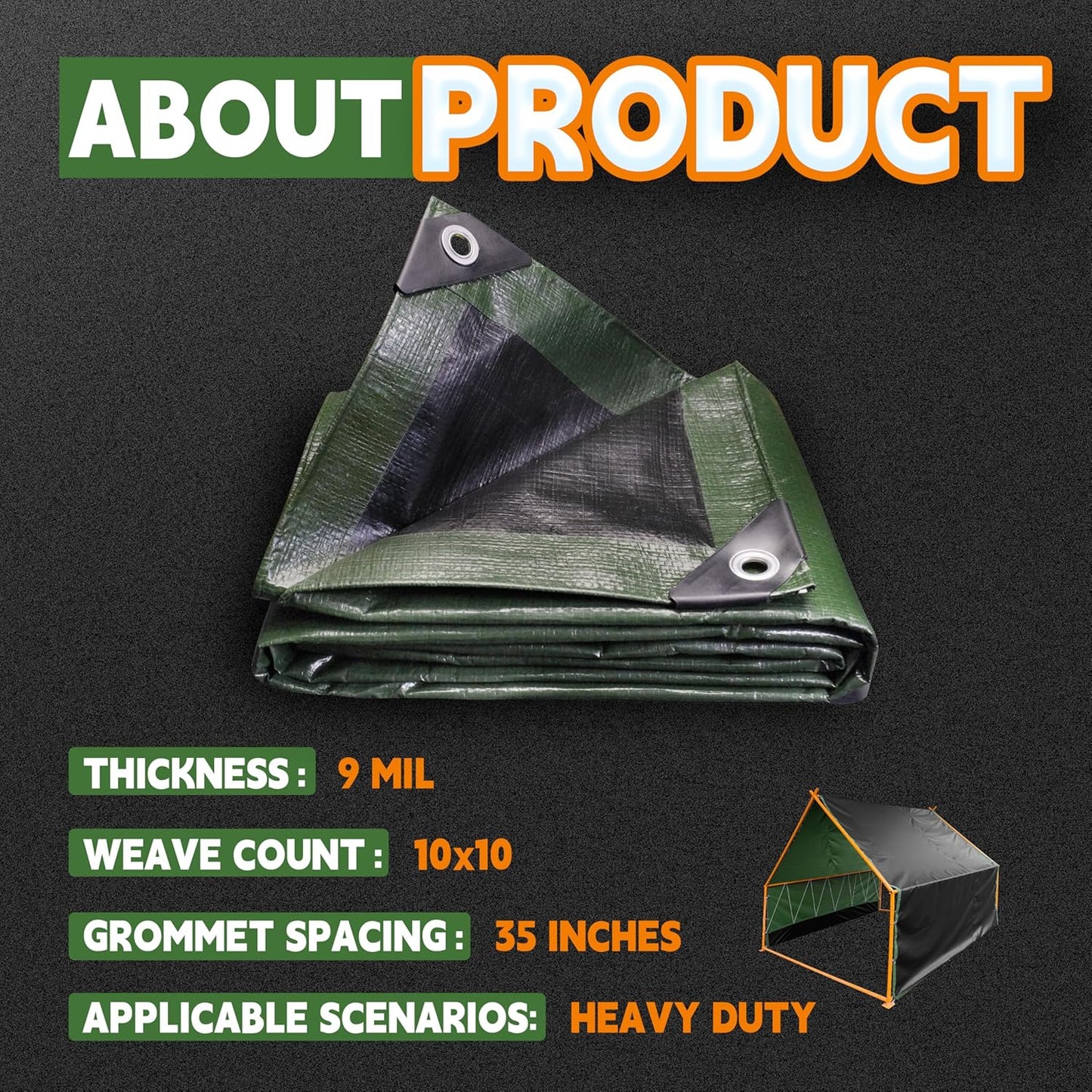 20x20 Feet Tarp Waterproof,9Mil Thick,Finished Size Tarps,UV Resistant,Durable,Multipurpose Poly Tarp Cover with Metal Grommets and Reinforced Edges,Green/Black by RAINDEWAY