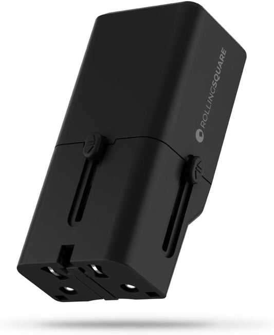 Rolling Square Portable Pocket Travel Adapter I Universal USB-C Charger for 200+ Countries I US, EU, UK, AU Plug 30W Fast Charging for Smartphones, Tablets & More I Compact & Lightweight I Black
