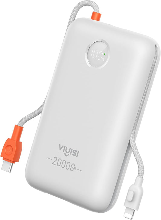 Portable Charger 20000mAh 30W Fast Charging, Power Bank with Built-in Cables & LED Display, USB C Battery Pack for iPhone 16/15/14, Samsung, iPad and Android Phones, Ideal for Travel -White