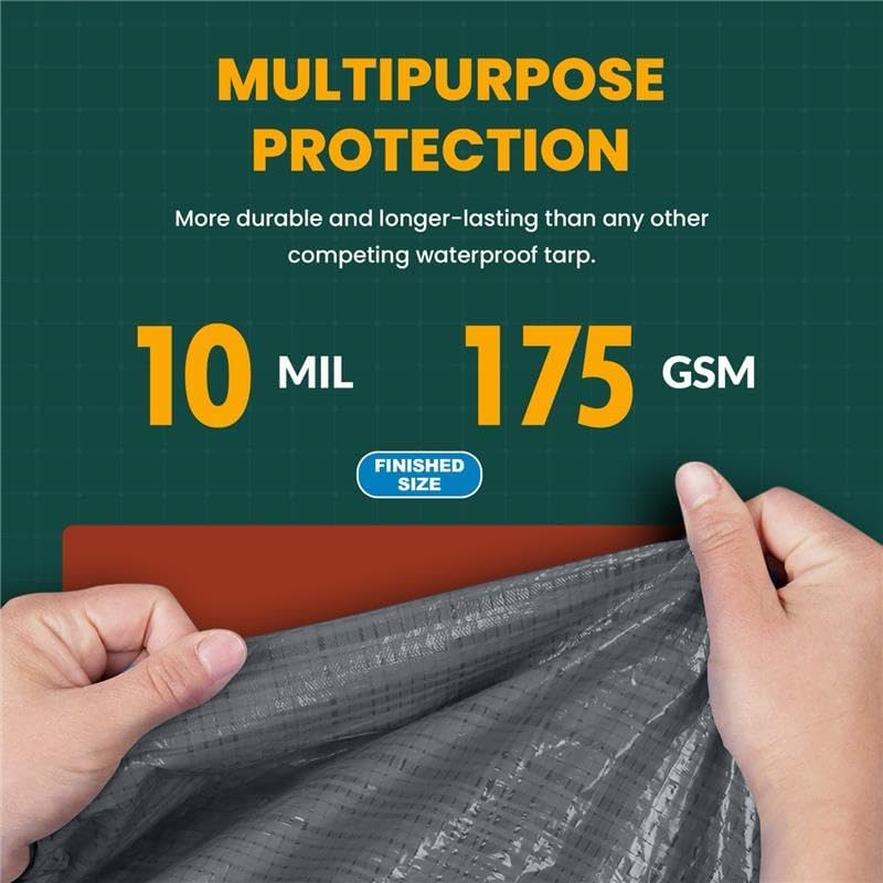 Large Waterproof Tarp - Heavy Duty 10 Mil Thick Poly Tarpaulin Ideal for Canopy Tents, Boats, RV or Pool Covers - Multipurpose Protective Tarps with Grommets for Indoor and Outdoor Use | 12' x 16'