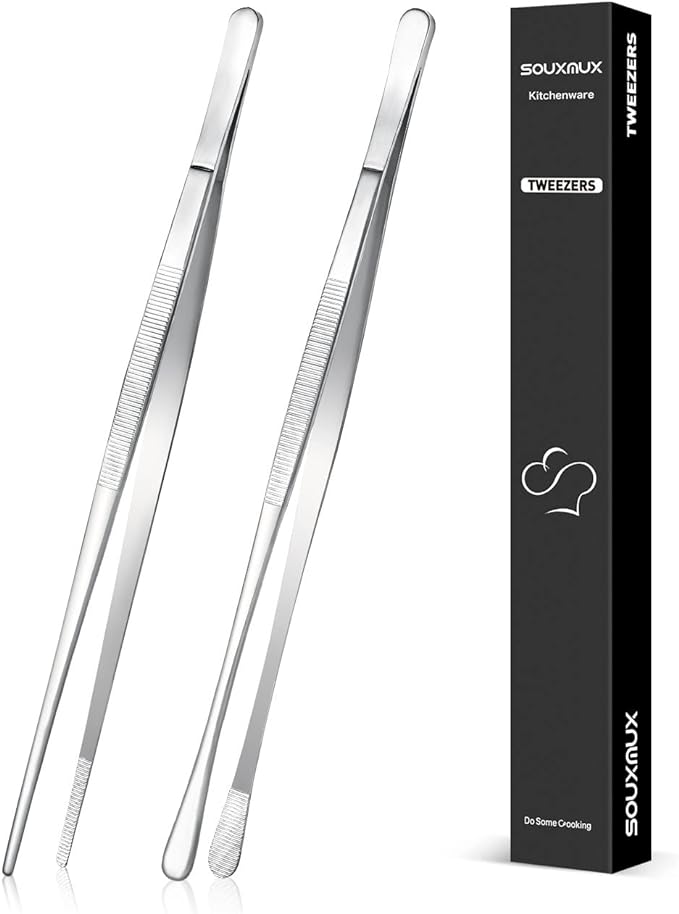 2 Pcs 10-inch Cooking Tweezers Tongs Precision Serrated Tips, Stainless Steel by SOUXMUX