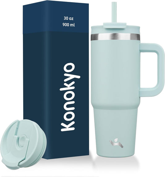 30 oz Tumbler with Handle and 2 Straws,2 in 1 Lid Insulated Water Bottle Stainless Steel Travel Coffee Mug,Blue Haze