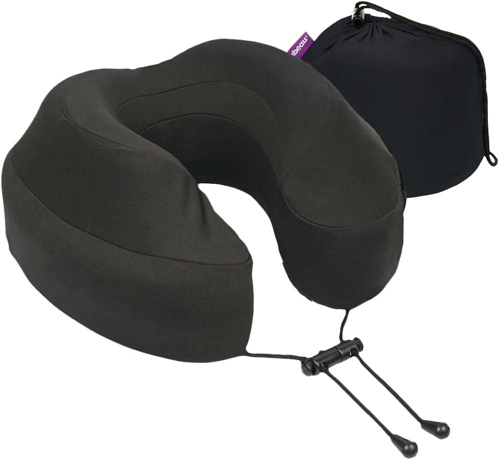 Cabeau Air Travel Pillow for Long Flights – Evolution Plus – U Shaped Memory Foam Neck Support – Removable, Washable Cover – Comfort On-The-Go for Airplane, Train, and Car (Black)
