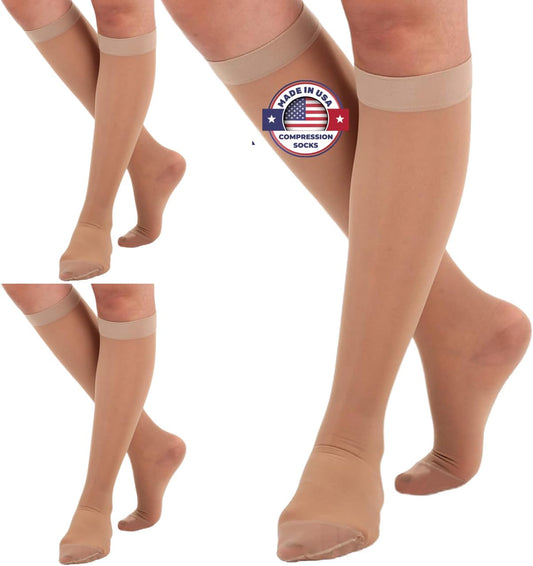 (3 Pairs - Closed Toe) Made in USA - Compression Socks for Women 15-20mmHg - Sheer Compression Knee High Stockings for Post Surgery, Pregnancy, Arthritis, Edema - Natural, Large - A101NA3-3