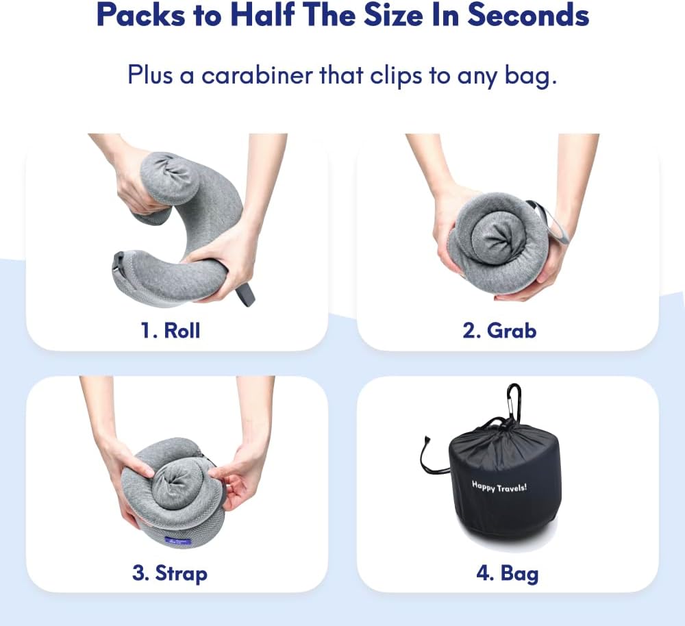 C CUSHION LAB Travel Pillow, Award-Winning Patented Ergonomic Design for Chin & Neck Support Memory Foam Neck Pillow, Compact Airplane Pillow for Traveling, Flight, Car (Navy, Large)
