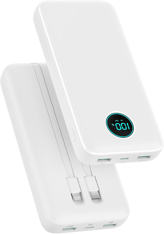 Portable Charger 40,800mAh Power Bank, 25W PD QC 4.0 Fast Charging Portable Phone Charger with Built-in Cables,LCD Display USB C Battery Pack Compatible with iPhone 16/15/14,Android Samsung (White)
