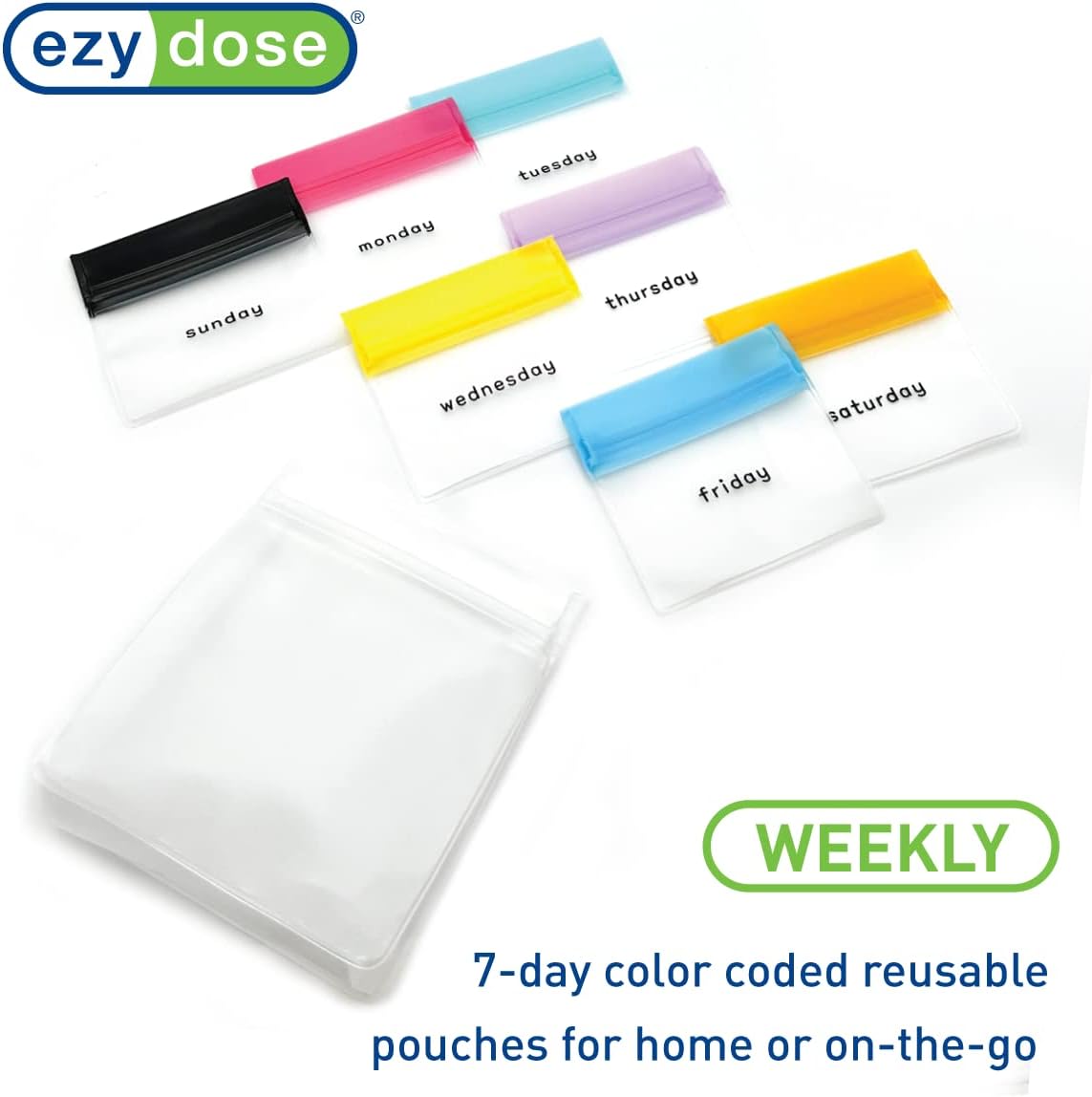 EZY DOSE Reusable 7-Day Pill Pouch Set, Durable Multi-Purpose Travel-Sized Baggies, Includes Days of The Week Labels w/Color for Easy Identification, Silicone Storage, Clear, BPA Free, TSA Approved