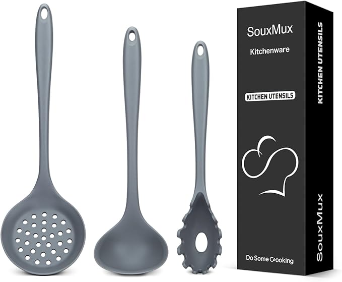 3 Pcs Silicone Kitchen Utensils Set, Soup Ladle-Pasta Fork-Slottede Spoon by SOUXMUX