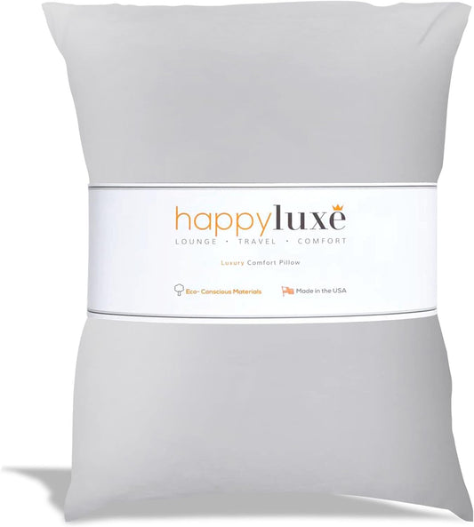 Happyluxe Odyssey Travel Pillow for Long Flights - Soft, Small, Alternative to Down and Memory Foam. 17 x 13in - Made in The USA, Silver Gray Airplane Pillow for Adults Sleeping, Camping or Nap