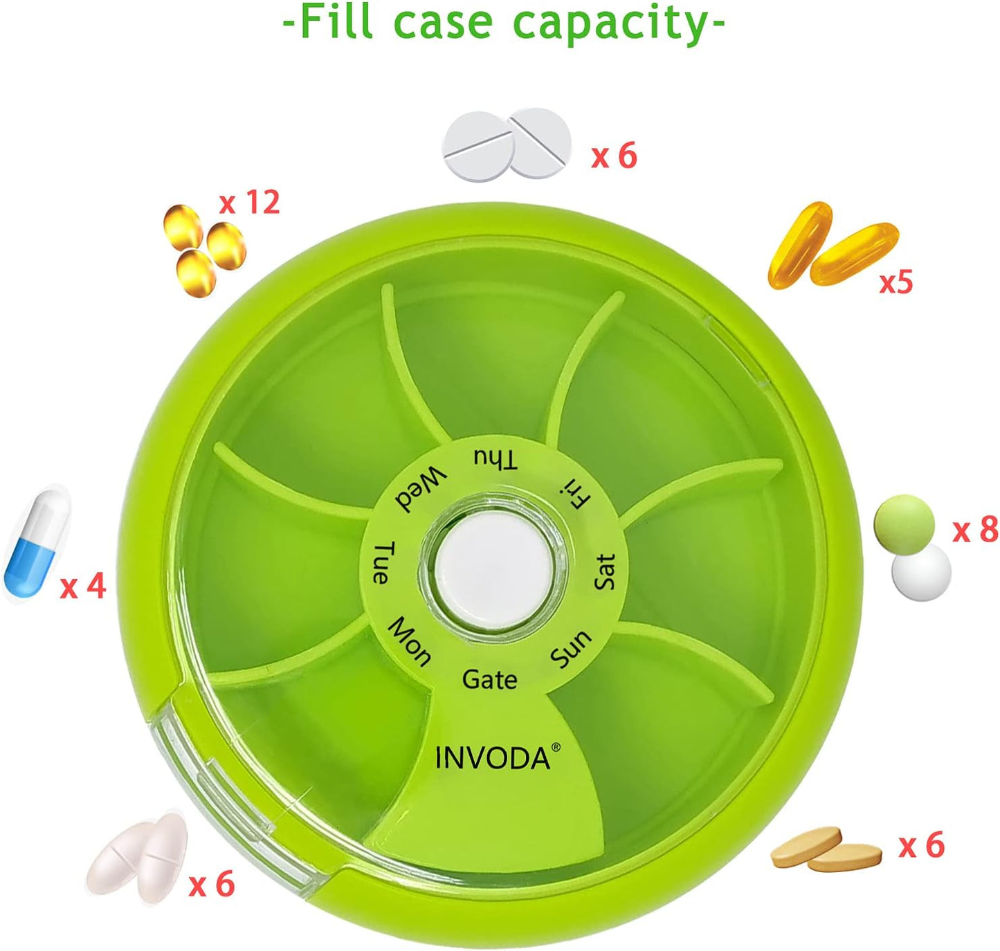INVODA Weekly Pill Organizer 7 Compartment Rotating Pill Box for Daily Medication & Vitamins - Portable Travel Pill Case Fish Oil Supplements Vitamins Organizer (Pink+Green)