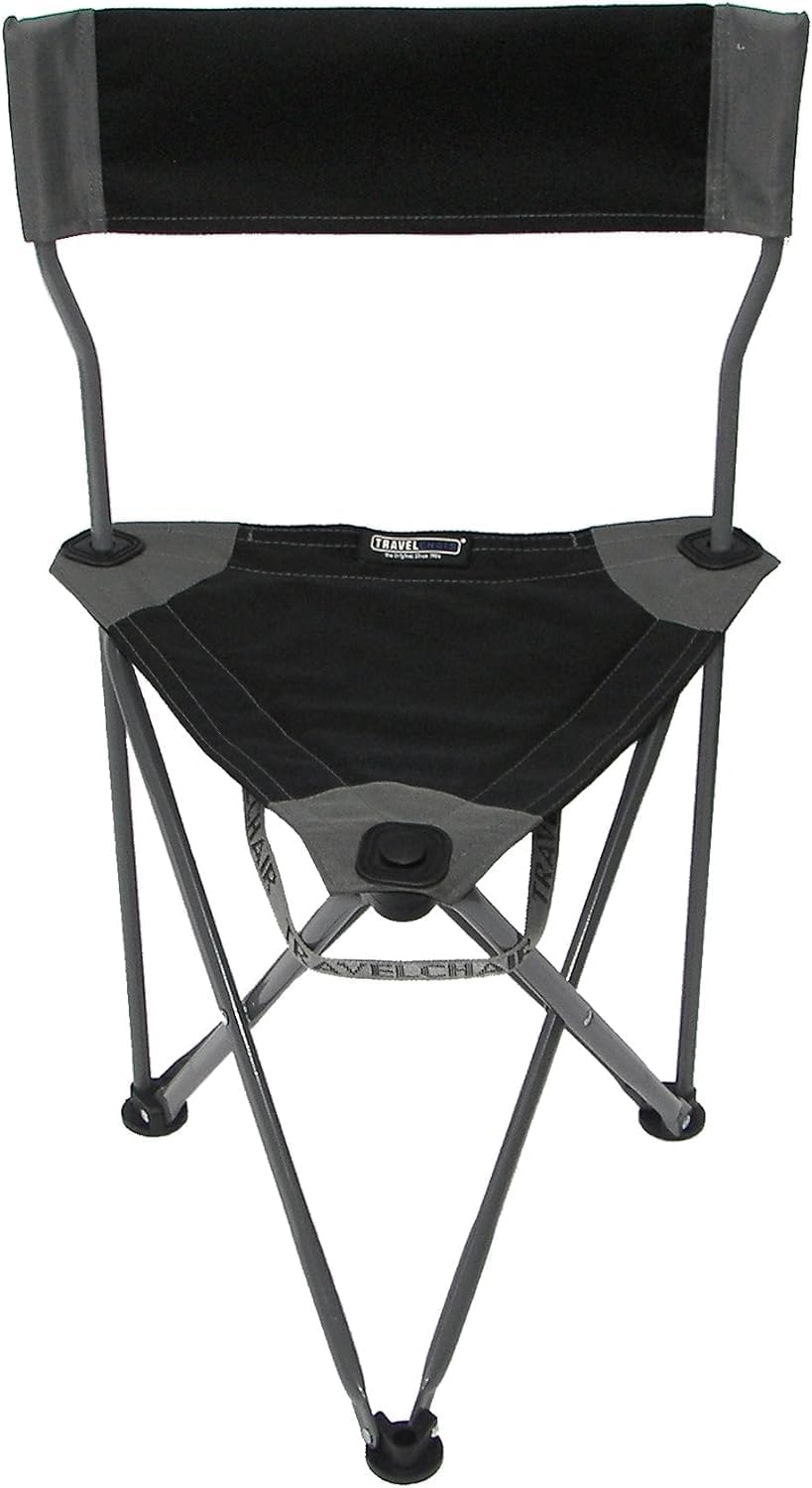 Travel Chair Ultimate Slacker, Quick Folding Tripod Stool with Backrest, Fishing Camping Hiking Chair with Carry Strap, Polyester, Black
